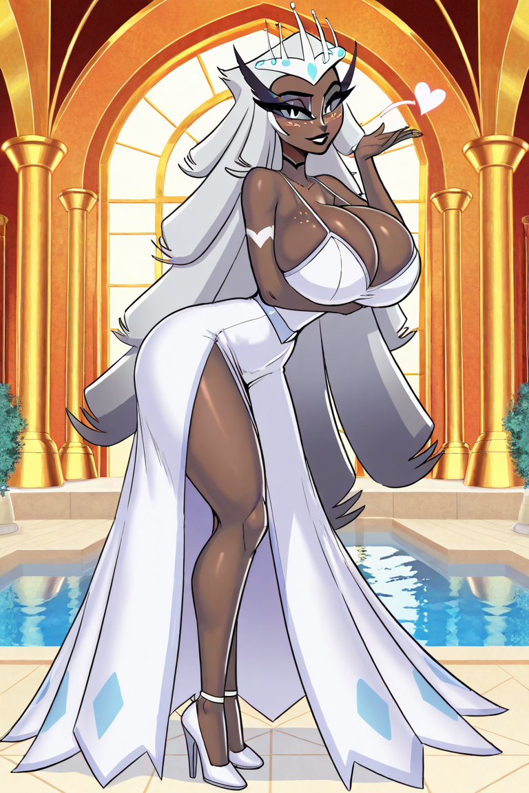 ai generated, angel, big ass, big breasts, big butt, big thighs, breasts, dark-skinned female, dress, female, hazbin hotel, high heels, patreon, posing, provocative, randomaifun, sera (hazbin hotel), sexy, sexy clothing, thick ass, thick legs, thick thighs, vivienne medrano, vivziepop