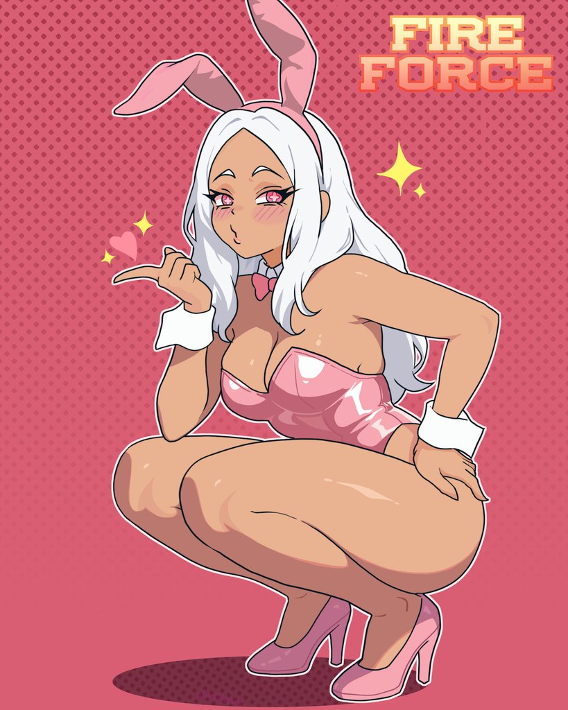 blow kiss, brown skin, bunny ears, bunnysuit, en'en no shouboutai, enen no shouboutai, fire force, heels, hibana (fire force), kissing, navikyu, pink eyes, princess hibana, thick thighs, thighs, white hair