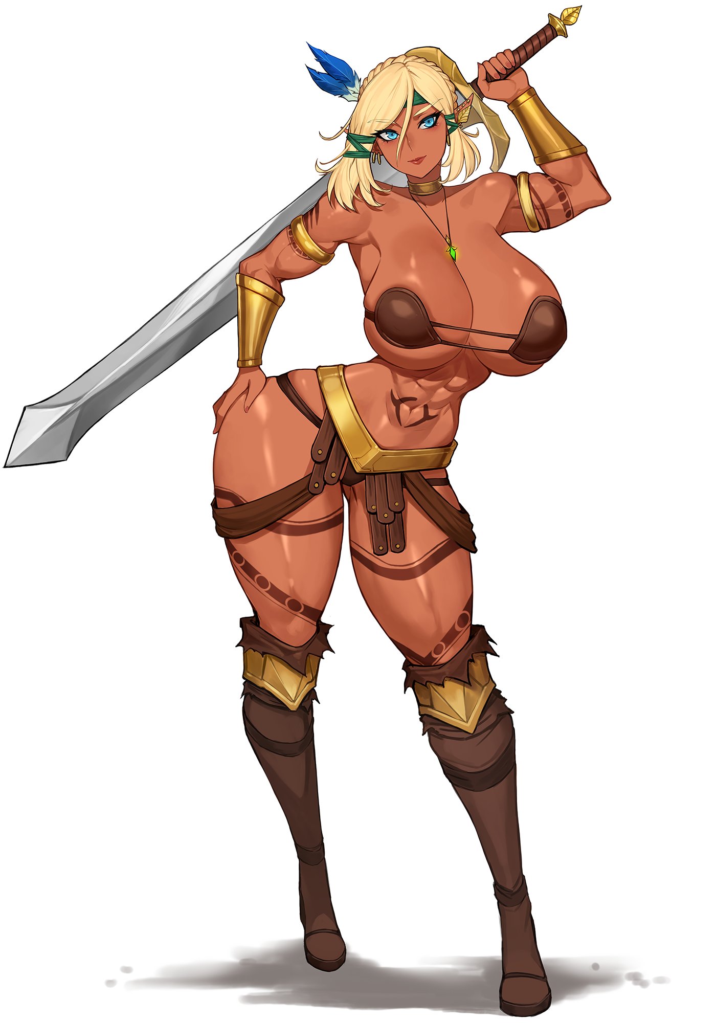1girls, big breasts, bikini armor, blonde hair, breasts, cleavage, dark elf, dark-skinned female, elf, fantasy, female, female only, fillia einhart, gurimjang, huge breasts, revealing clothes, skimpy clothes, solo, sword