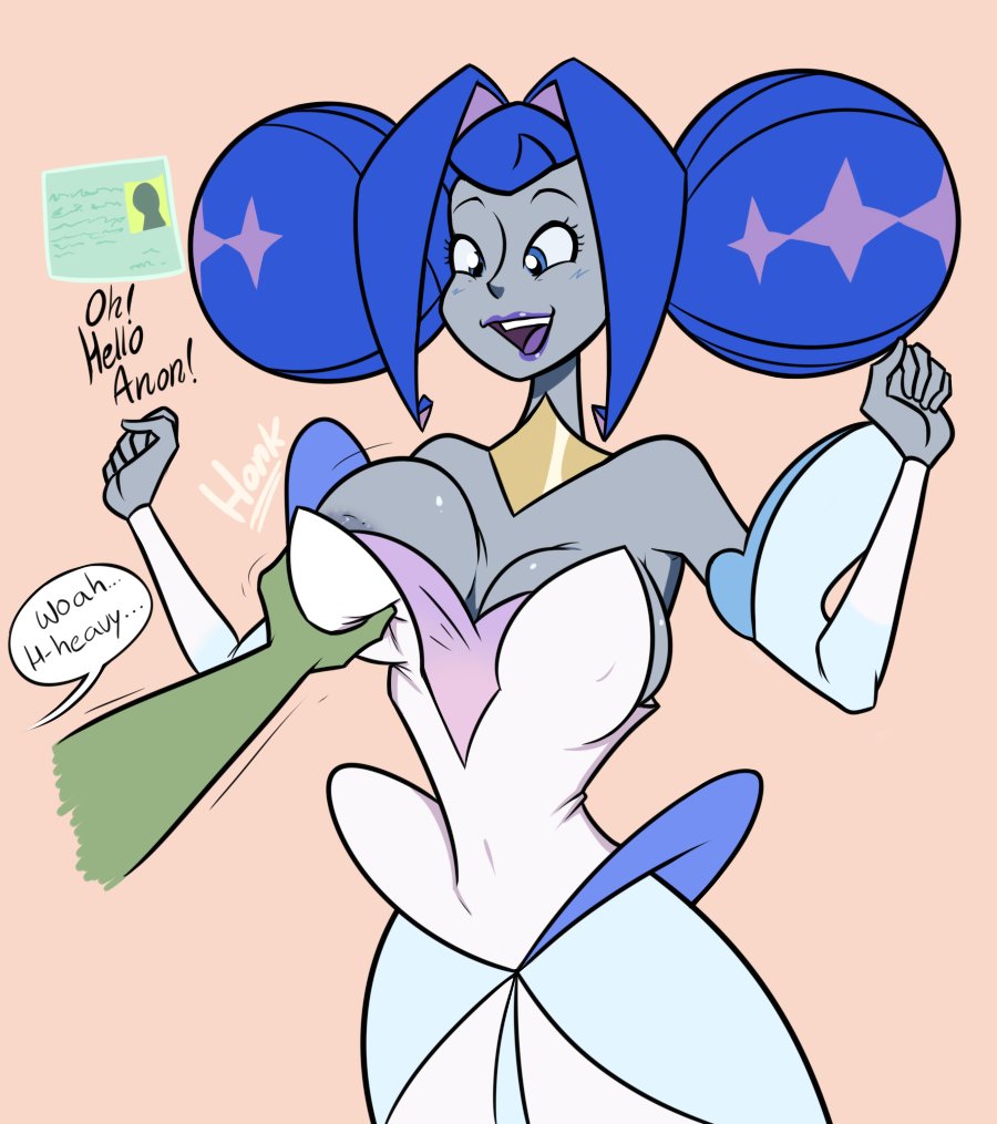 android, anon, breasts, clothed, female, grey body, groping, groping breasts, heavy breasts, knights of guinevere, large breasts, nipple slip, princess guinevere, surprised, terrible the drawfag