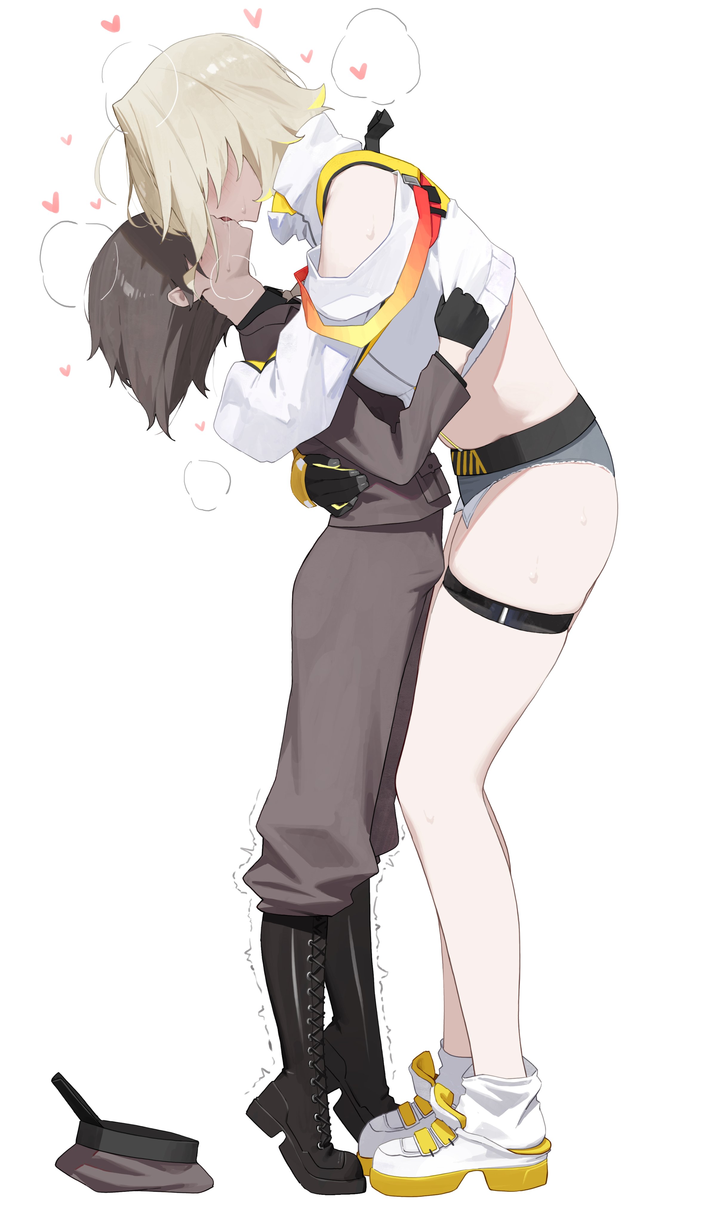 1boy, 1girls, big breasts, bigger female, breasts, clothed, clothed female, clothed male, commander (nikke), elegg (nikke), erection, erection under clothes, female, goddess of victory: nikke, kissing, kissing each other, larger female, light-skinned female, light-skinned male, making out, male, mature, midriff, mommy, muscular, muscular female, nick7, nickn592, shorter male, shorter male/taller female, side view, smaller male, straight, taller female, taller woman, thick thighs, thigh strap, thighs