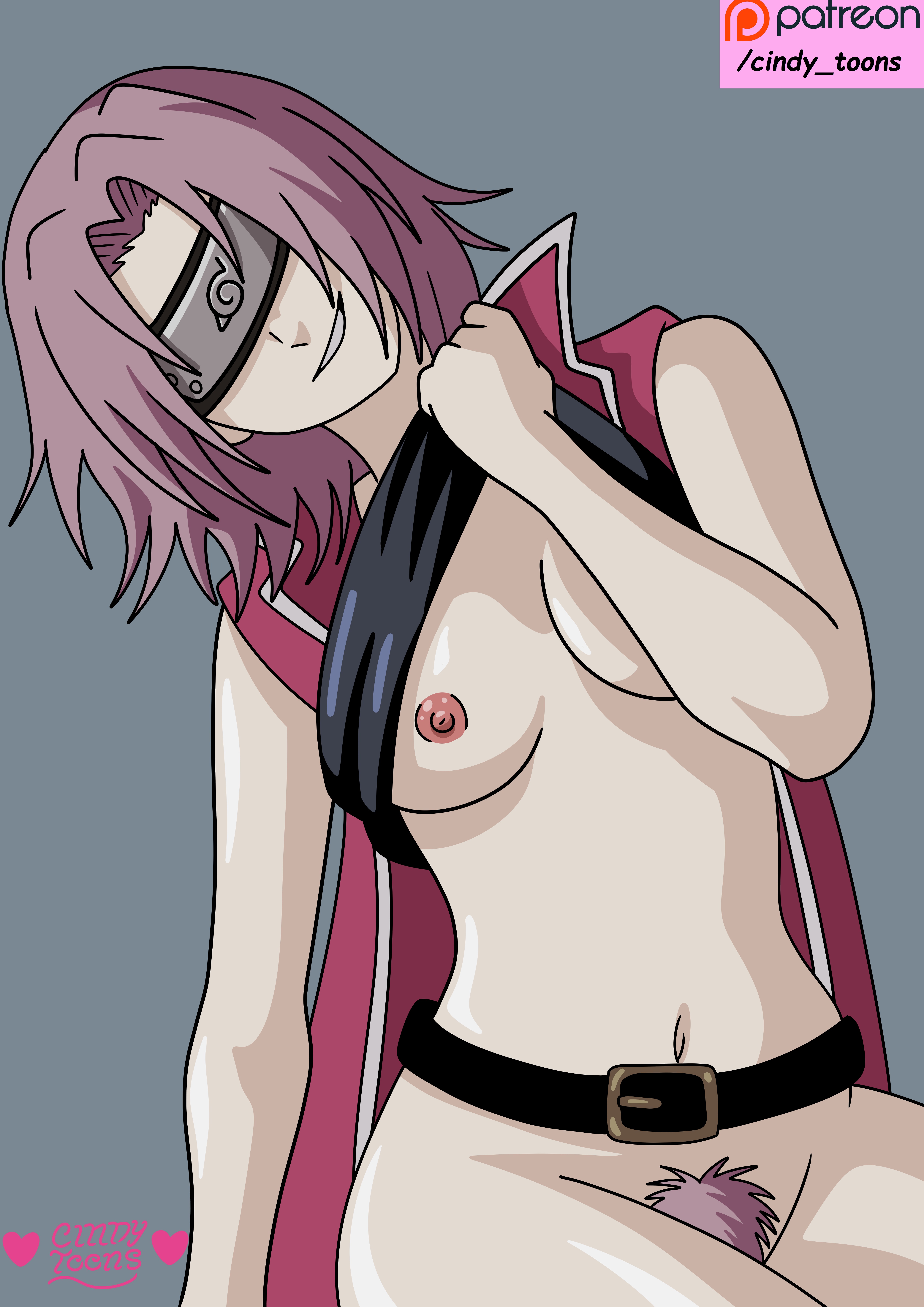 belly button, breast grab, breasts, cindy toons, female, female only, hairy, hairy pussy, konohagakure shinobi uniform, konohagakure symbol, naruto, naruto (classic), naruto (series), naruto shippuden, naruto: the last, nipples, pink hair, pink nipples, pink pubic hair, pubic hair, pussy, red dress, sakura haruno, short hair, showing breasts, showing off, small breasts, smile, smiling, smug, smug face, thick thighs, thighs, undressing