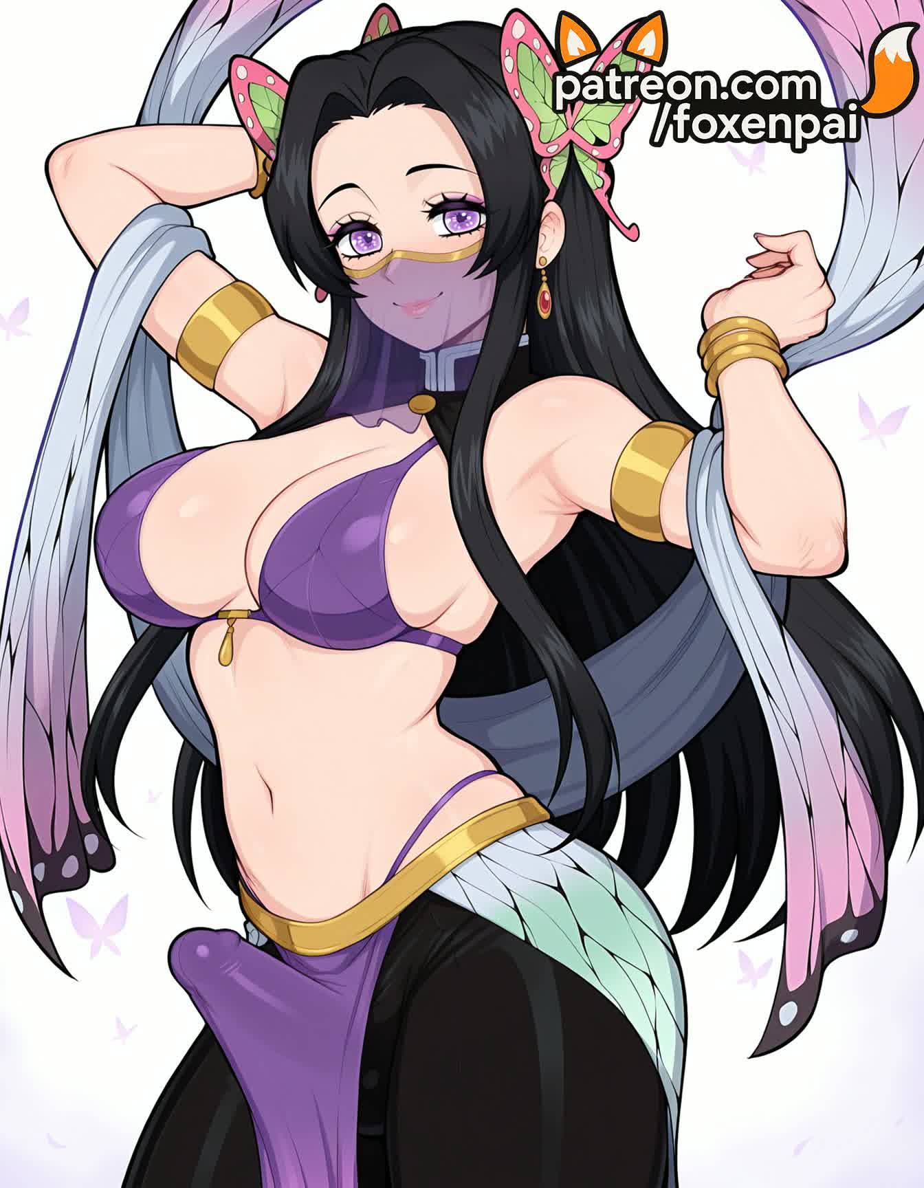 1futa, 2025, ai generated, armband, armlet, armpits, artist name, bikini, black hair, blue butterfly, breasts, bug, bulge, bust, butterfly, butterfly hair ornament, chest, cock, demon slayer, dick, earrings, foxenpai, futanari, hair ornament, hi res, high quality, high resolution, highres, intersex, jewelry, kimetsu no yaiba, kochou kanae, long hair, navel, patreon, patreon username, penis, purple bikini, purple eyes, smile, solo, stable diffusion, swimsuit, watermark