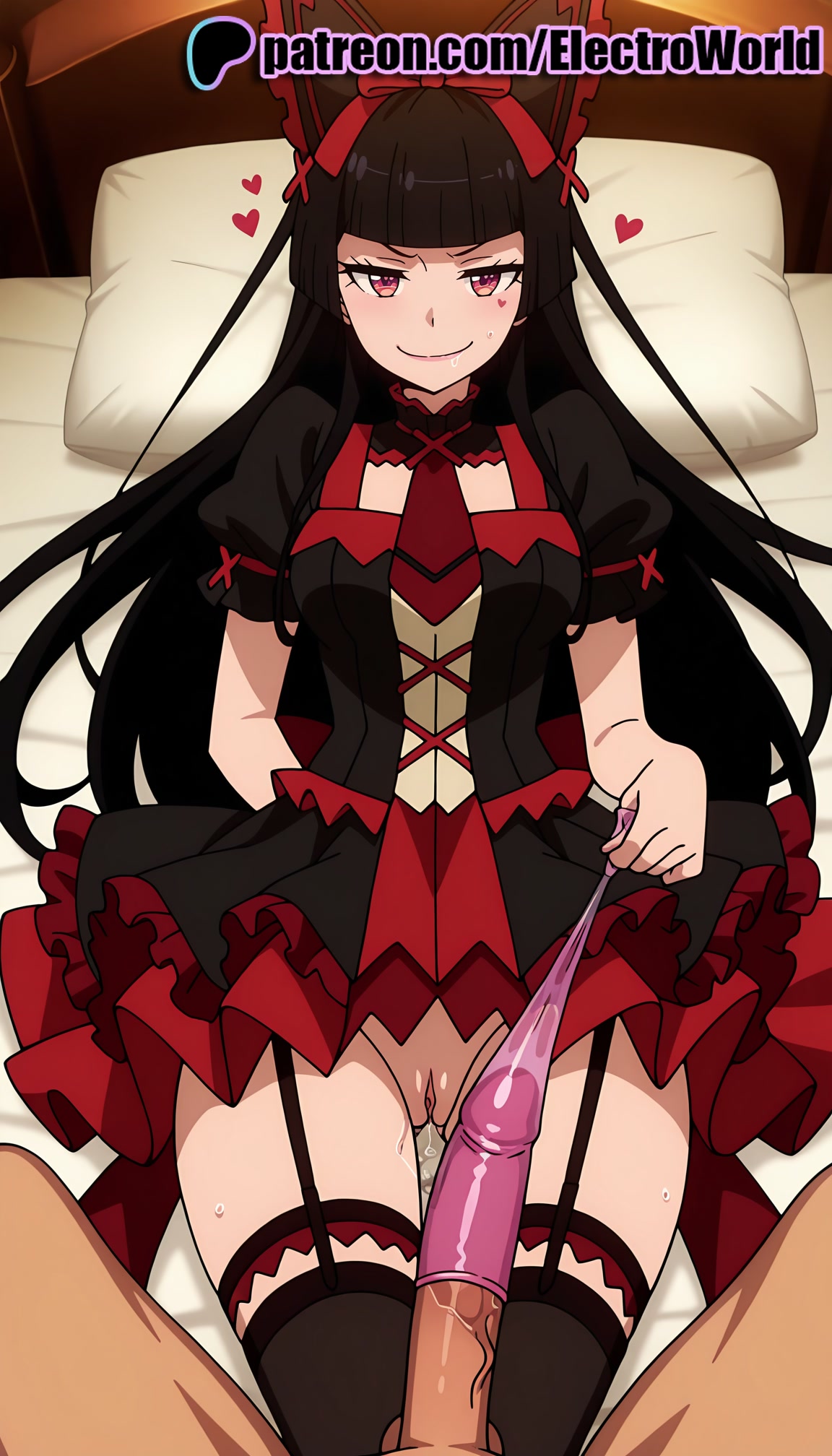 1boy, 1girls, 2025, ai generated, artist name, bed, bed sheet, black hair, blunt bangs, clothes lift, cock, cushion, dick, dress, electroworld, female, garter belt, garter straps, gate - jieitai ka no chi nite kaku tatakaeri, gothic lolita, hi res, high quality, high resolution, highres, laying down, long hair, lying on back, on back, on bed, patreon, patreon username, penis, pillow, red eyes, rory mercury, smile, solo focus, stable diffusion, straight, sweat, thighhighs, uncensored, underwear, watermark
