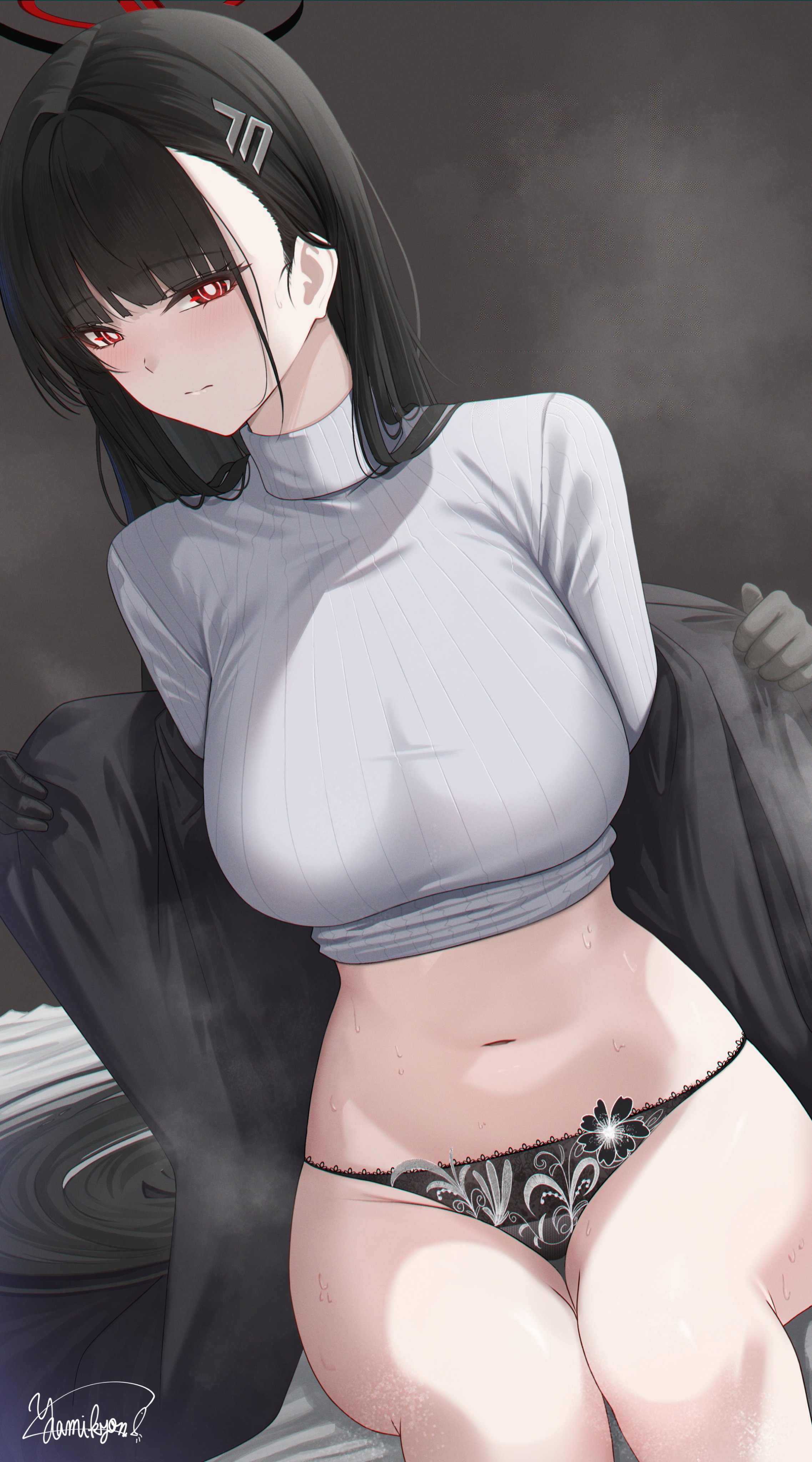 1girls, absurdres, black hair, black jacket, black panties, black suit, blue archive, blush, breasts, female, formal clothes, hair ornament, hairclip, halo, highres, jacket, large breasts, light skin, light-skinned female, long hair, long sleeves, looking at viewer, millennium science school student, navel, off shoulder, panties, red eyes, rio (blue archive), seminar (blue archive), sitting, solo, suit, sweater, thighs, turtleneck, turtleneck sweater, underwear, white sweater, yamikyon