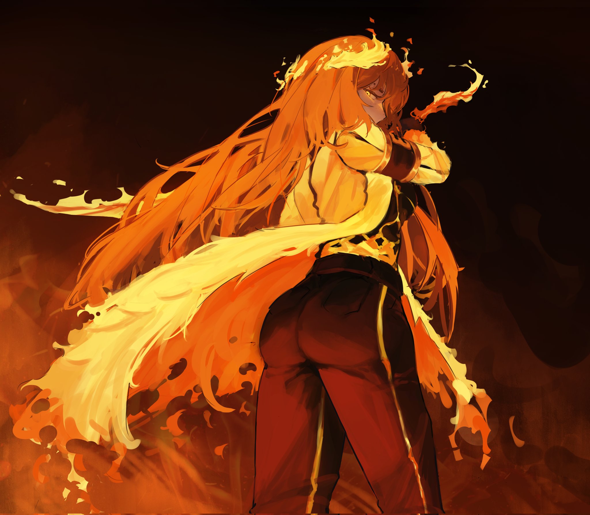 2025, apple butt, armband, back pockets, bangs, bangs over eyes, big ass, big boobs, big breasts, big bum, big butt, big thighs, black pants, breasts, burning, burning clothes, burnt clothing, butt bigger than head, butt bulge, butt crack, butt crack outline, butt focus, child bearing hips, closed fist, coat open, color, colored, creases, crown, dark background, dark eyebrows, e.g.o (project moon), facing away from viewer, female, fiery background, fiery hair, fire, fish, flames, flowing hair, freckles, freckles on face, freckles on nose, gerxest, ginger, ginger female, ginger hair, glowing eyes, glowing yellow eyes, hair over eyes, heat, holy fuck i'm cumming, hourglass figure, huge ass, huge butt, huge rear, ishmael (limbus company), ishmael (project moon), laurel crown, laurel wreath, lava, limbus company, lobotomy corporation, looking at viewer, looking back, looking back at viewer, lots of hair, magma, molten rock, no shirt, nose, orange hair, overcoat, pale skin, peach skin, possessed, possession, project moon, shirtless, shirtless female, stretched clothing, thick ass, thick butt, thick eyebrows, thick eyelashes, thick thighs, tight clothing, tight pants, very long hair, visible butt, voluminous hair, wavy hair, white sclera, wreath, yellow clothing, yellow coat, yellow eyes, yellow highlights, yellow iris