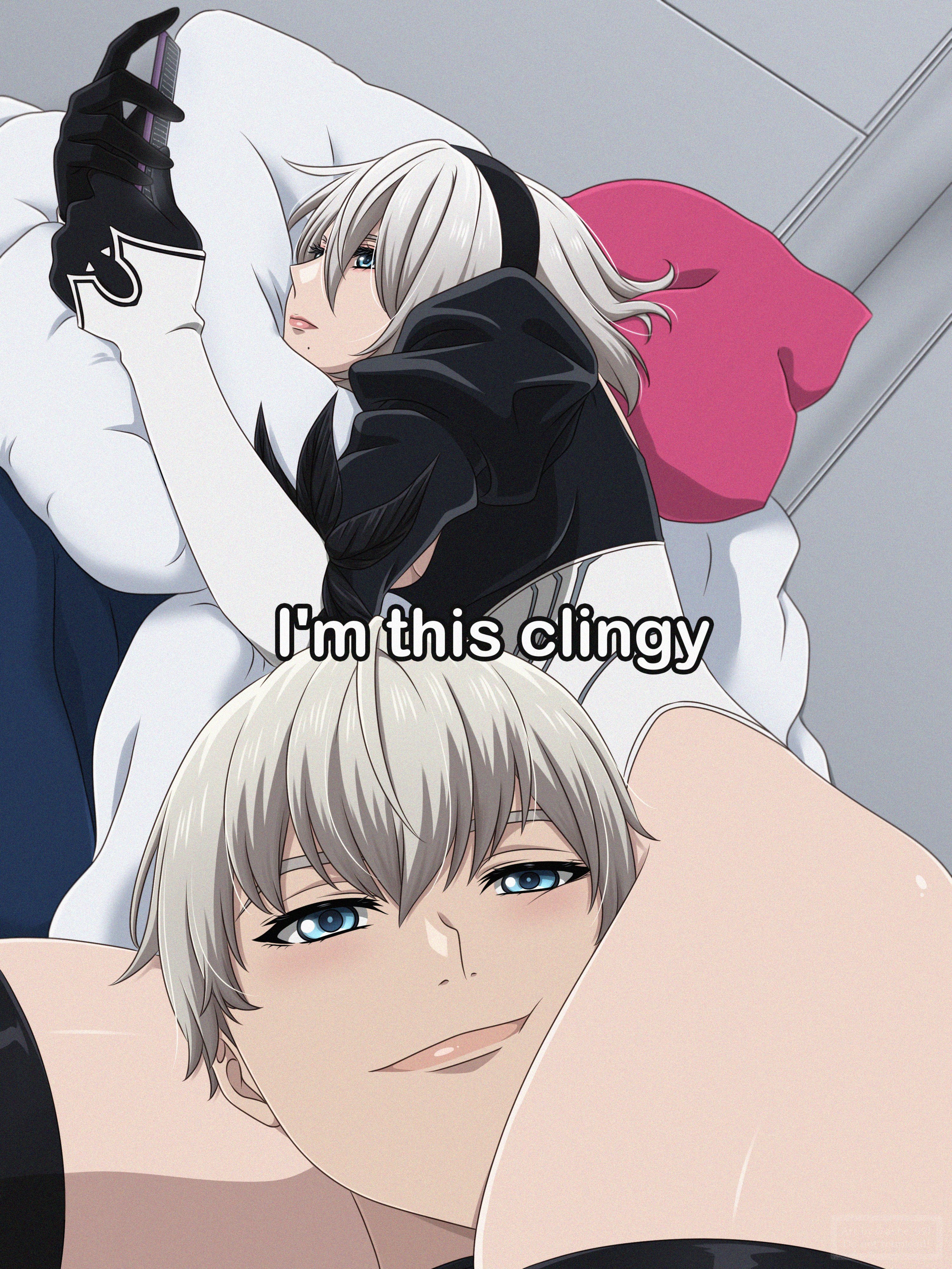 1boy, 1girls, 2d, 2d (artwork), 2d artwork, ashe (artist), black headband, digital media (artwork), female, head between thighs, head on pillow, headband, im this clingy (meme), leotard, light skin, light-skinned female, light-skinned male, male, meme reference, nier: automata, pillow, puffy sleeves, shirl geem, smile, thick thighs, thighhighs, white hair, yorha 2b, yorha 9s