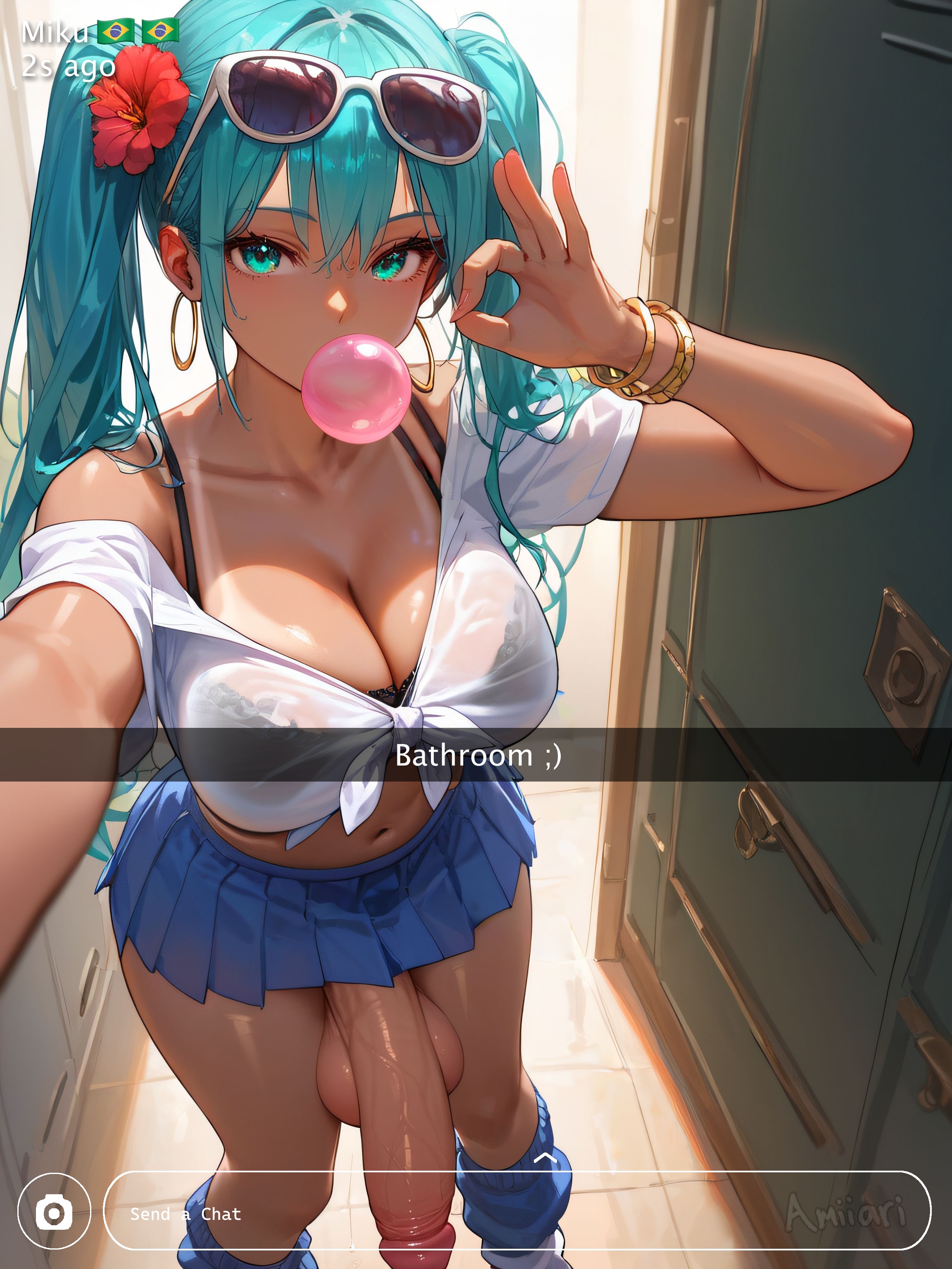 1futa, 1girl, abs, absurd res, ai generated, amiiari, aqua eyes, aqua hair, armpits, ass bigger than head, bangs, bare shoulders, big breasts, big penis, bikini, black bikini, black bra, blue skirt, blue socks, bra, bra visible through clothes, bracelet, brazilian, brazilian miku, breasts, bubble blowing, bullying, chewing gum, cleavage, collarbone, dark skin, detailed, dickgirl, dripping, earrings, erection, eyewear on head, fellatio gesture, flower, futanari, gyaru, hair between eyes, hair flower, hair ornament, hatsune miku, hibiscus, highres, hoop earrings, huge breasts, huge penis, imminent sex, indoors, intersex, inviting, inviting to sex, jewelry, kneehighs, large breasts, large penis, legwarmers, long hair, long penis, looking at viewer, loose socks, massive penis, midriff, miniskirt, navel, off shoulder, penis, penis to the knees, pleated skirt, precum, precum drip, precum string, reaching towards viewer, see-through, selfie, shiny, shirt, short sleeves, skindentation, skirt, snapchat, socks, solo, standing, sunglasses, sunglasses on head, swimsuit, tan, tanlines, testicles, text, thick thighs, tied shirt, twintails, uncensored, underwear, veins, veiny penis, voluptuous, white shirt, wide hips