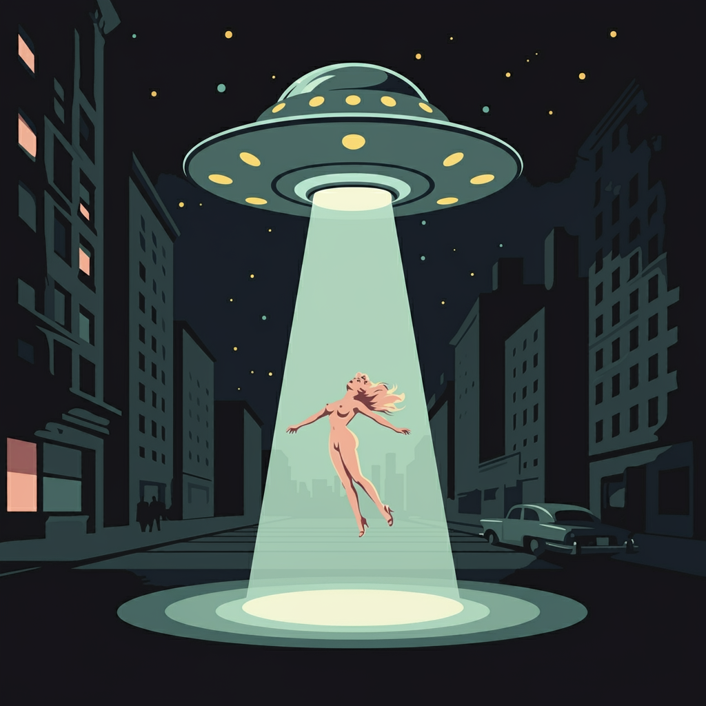 abduction ai_generated ass flashing pinup_girl retro retro_artstyle retro_future ufo upskirt