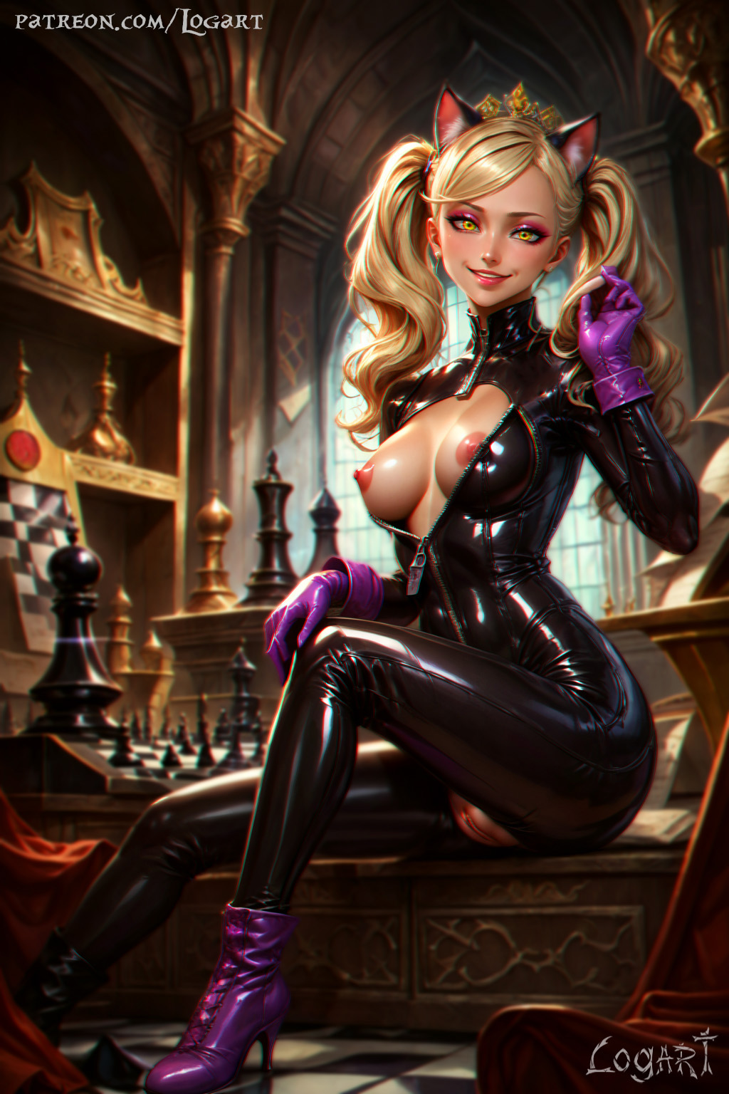 1girls absurdres ai_generated ann_takamaki artist_name atlus attractive big_breasts boots breasts cartoony cat_ears catsuit celebrity chess_piece cleavage cognitive_ann corrupted corruption detailed dominant_female dominatrix exposed exposed_breasts female female_only high_heels high_quality highres hourglass_figure jumpsuit large_breasts latex latex_catsuit latex_clothing latex_gloves latex_suit leak leaked logart naked naked_female nipples nsfw nude nudity patreon_logo patreon_username persona persona_(series) persona_5 persona_5_royal persona_5_scramble:_the_phantom_strikers playstation pony_diffusion_xl purple_gloves pussy seductive sensitive smile smiling solo stable_diffusion tagme twintails vagina watermark web_address yellow_eyes