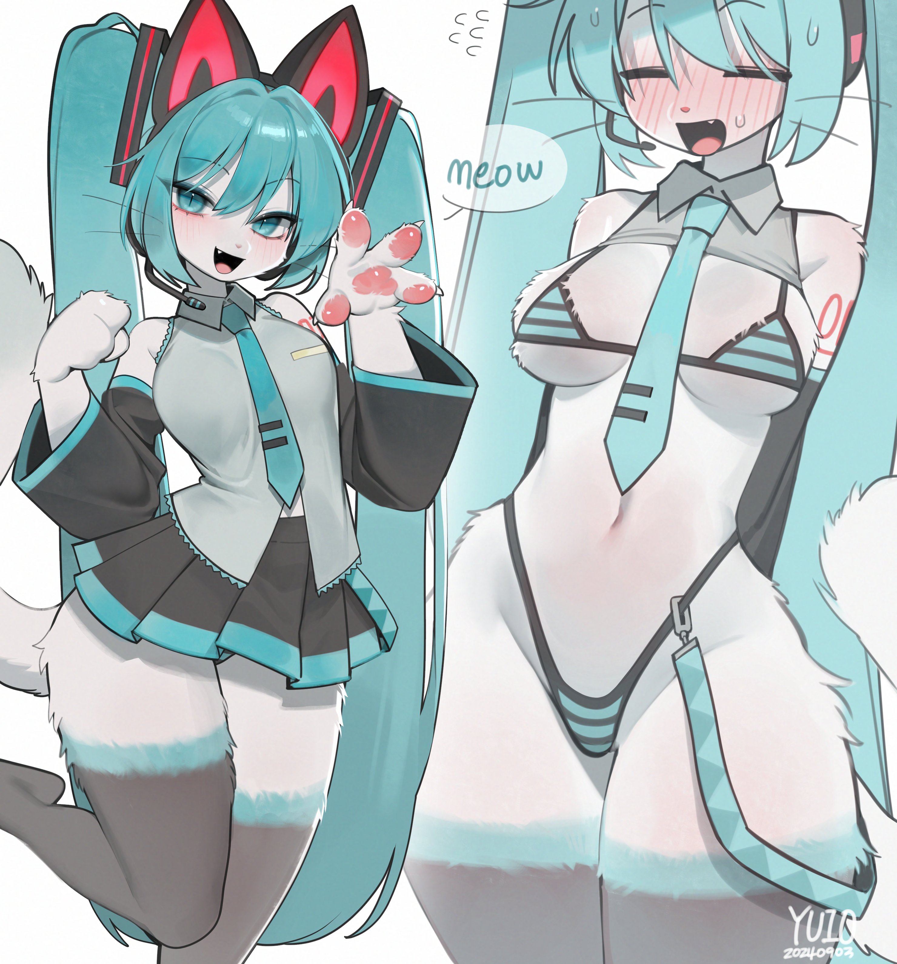 1girl, 1girls, 2024, alternate species, animal ears, animal hands, anthro, anthro female, anthrofied, aqua eyes, aqua hair, bikini, black skirt, blue eyes, blue hair, blush, blushing, body fur, bottom heavy, bottomwear, bra, breasts, cat ears, cat girl, cat paws, cat tail, catgirl, catsune miku, closed eyes, clothing, cute, detached sleeves, dialogue, digital drawing (artwork), digital media (artwork), domestic cat, english text, fang, fangs, felid, feline, felis, female, female only, front view, fur, furrification, furry, furry female, furry only, green eyes, green hair, hair, hair ornament, hatsune miku, headset, hot, hourglass figure, long hair, long sleeves, looking at viewer, mammal, medium breasts, multiple views, navel, necktie, open mouth, panties, pawpads, sexy, shirt, short skirt, simple background, skirt, skirt lift, smile, smiling, smiling at viewer, solo, solo female, speech bubble, standing, striped, striped bikini, swimsuit, tail, text, thick, thick thighs, thighhighs, thighs, thong, thunder thighs, tie, tongue, tongue out, topwear, twintails, underwear, underwear only, upskirt, very high resolution, very long hair, vocaloid, white background, white body, white fur, wide hips, yuio
