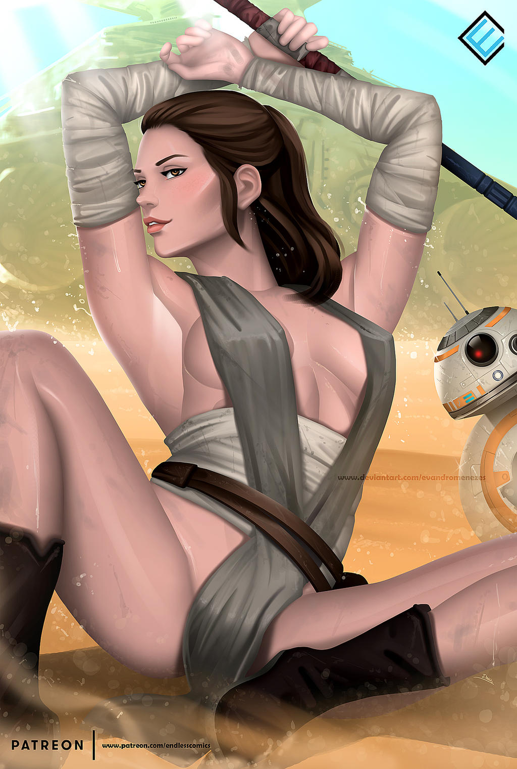 armpits arms_up bb-8 belt blush boots breasts brown_eyes brown_hair clothing detached_sleeves dirty evandromenezes female female female_only holding holding_weapon large_breasts long_hair looking_at_viewer medium_breasts parted_lips ponytail rey robot sand sitting solo spread_legs star_wars sweat sword tied_hair weapon