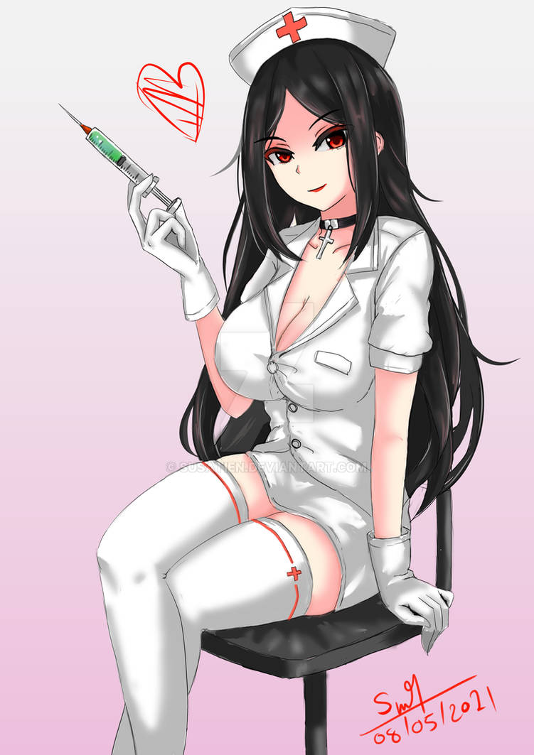 1girls black_hair breasts choker gloves holding_syringe large_breasts long_hair looking_at_viewer needle nurse nurse_cap nurse_uniform original red_eyes sitting_on_stool stool susatien syringe thighhighs