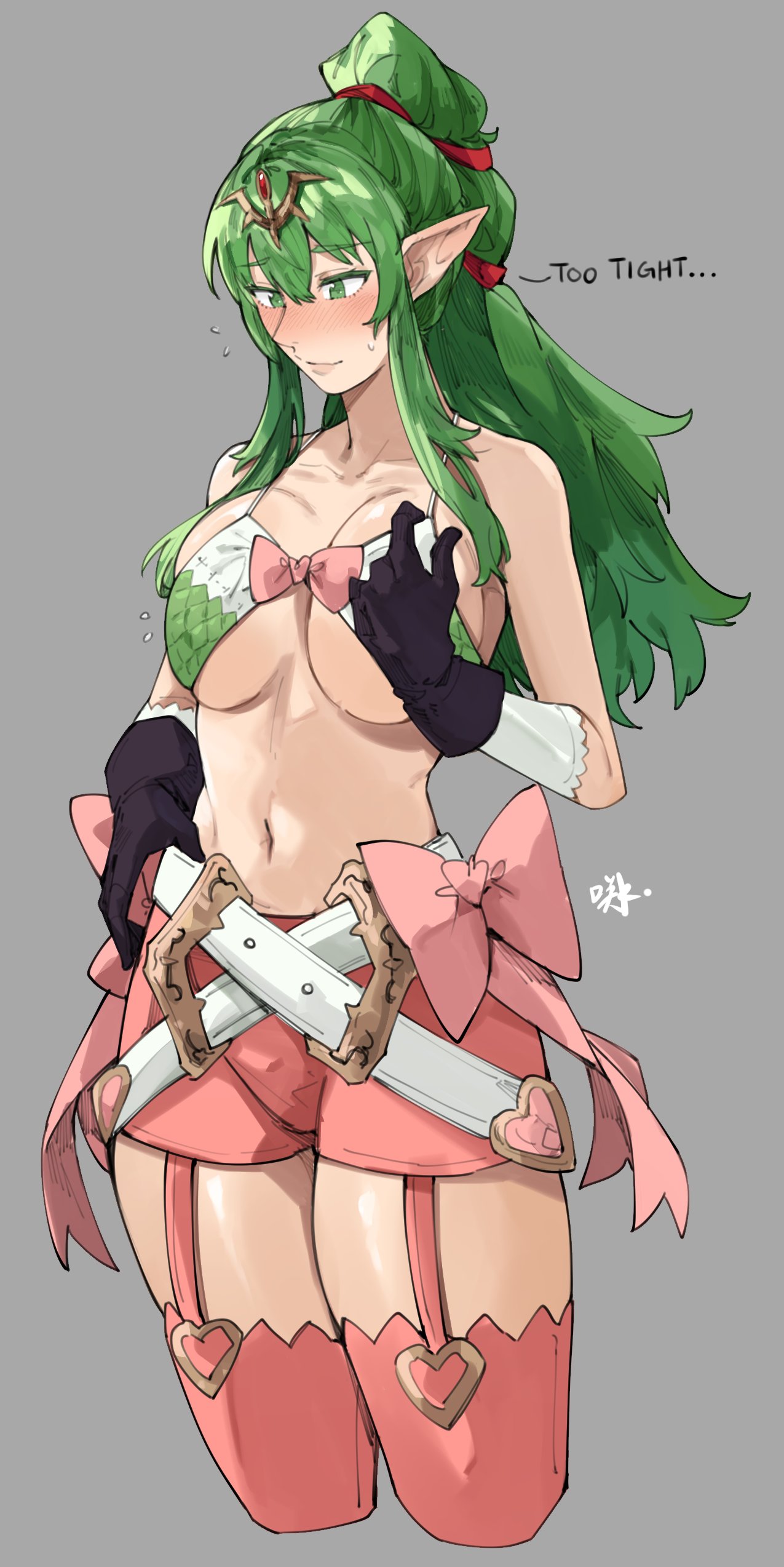 blush cosplay fire_emblem fire_emblem_awakening green_eyes green_hair large_breasts nintendo nowi_(fire_emblem)_(cosplay) ponytail sakuremi sweatdrop thick_thighs thighs tiki_(adult)_(fire_emblem) tiki_(fire_emblem) too_small_clothes