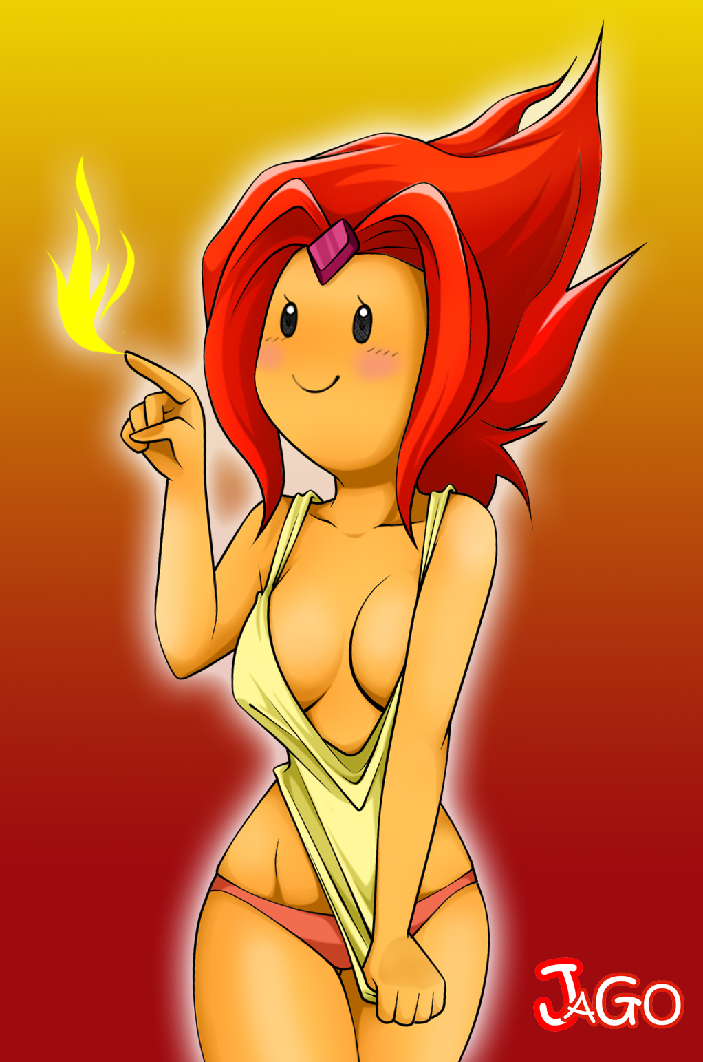 adventure time, black eyes, blush, female, fire, fire hair, flame princess, forehead jewel, jago dibuja, panties, red hair, smile, solo, yellow skin