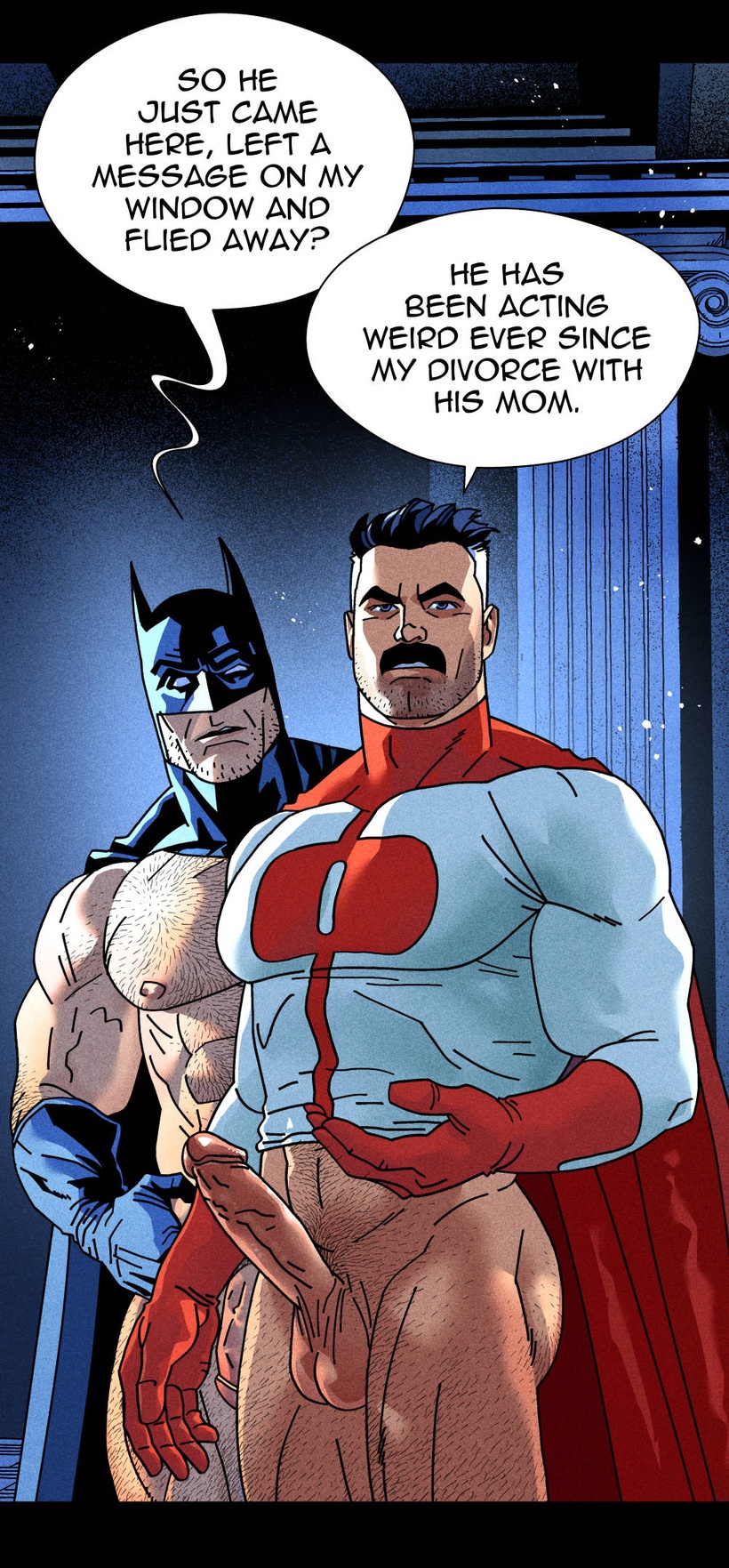 abs balls bara batman batman_(bruce_wayne) batman_(series) biceps big_balls big_penis bruce_wayne clothing daddy dc dc_comics dilf english_text erection facial_hair gay inkolloart invincible invincible_(comics) invincible_(tv_series) male male/male male_nipples male_only manly masked mature_male moustache muscular_male nipples nolan_grayson nude omni-man pecs penis text tight_clothing