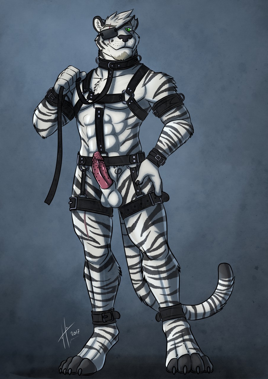 2017 4_toes 5_fingers abs alternate_version_at_source animal_genitalia animal_penis ankle_cuffs anthro arm_strap balls black_claws black_markings black_nose black_stripes blck_pawpads bondage_gear chin_tuft claws collar cuff_(restraint) digitigrade dipstick_tail dipstick_toes erection eye_patch eyewear facial_tuft feet felid feline_genitalia feline_penis finger_claws fingers fur genitals green_eyes hand_on_hip harness head_tuft herzog_silverfang hi_res holding_leash holding_object hufnaar leash leg_strap looking_at_viewer male mammal markings muscular muscular_anthro muscular_male pantherine pawpads paws pecs penile_spines penis pink_penis pose presenting restraints retracted_sheath serratus shaded sheath signature simple_background smile solo standing stripes tail tail_markings tiger toe_claws toes tuft whisker_spots white_body white_fur wrist_cuffs