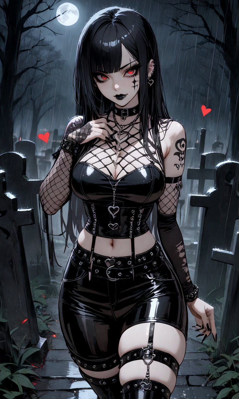 ai_generated black_hair black_legwear black_lipstick cemetery cleavage fishnets goth goth_girl graveyard heart heart_symbol leather leather_clothing lipstick makeup original_character painted_nails pale_skin red_eyes straps tattoo