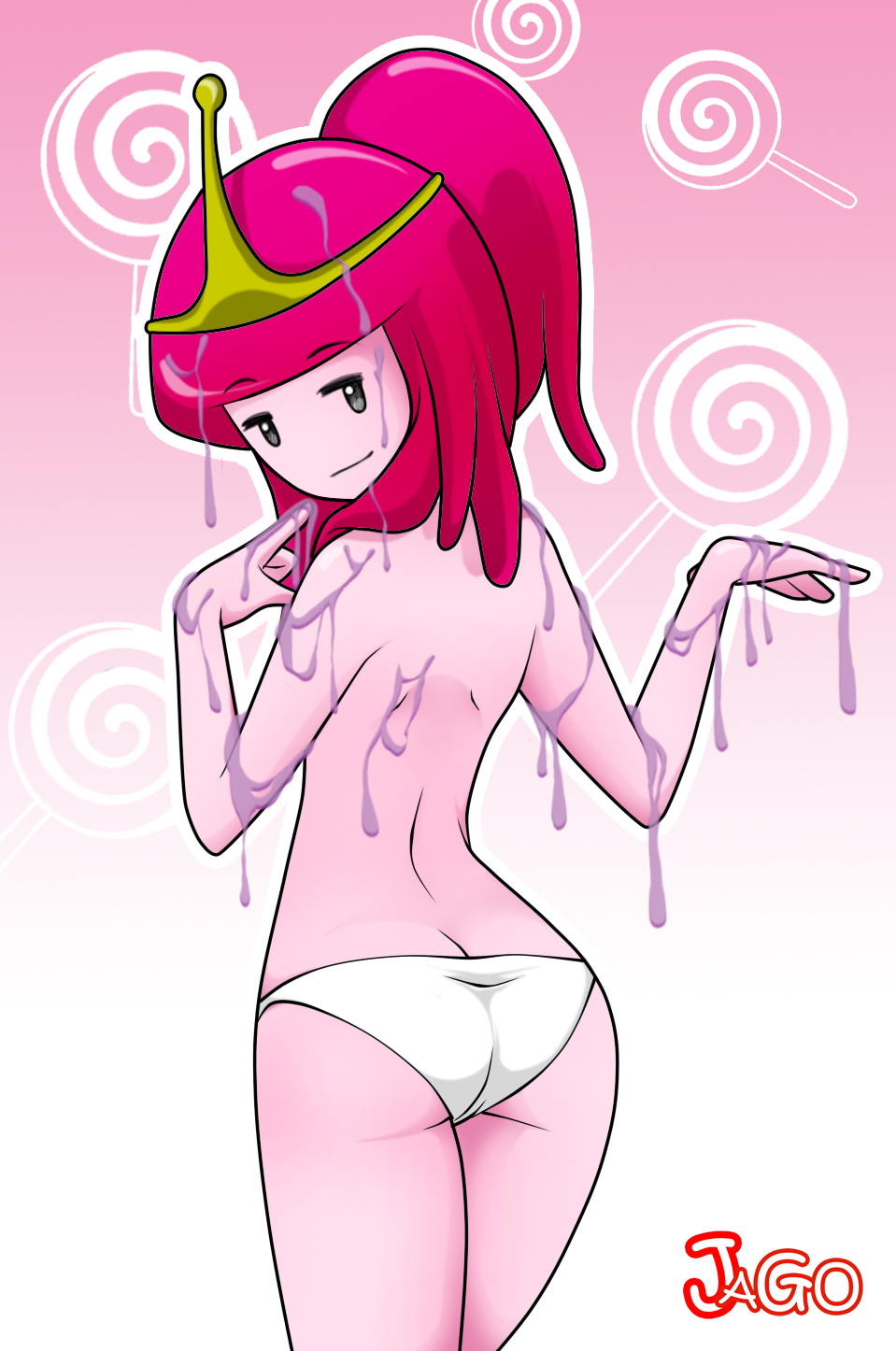 adventure time, ass, female, grey eyes, jago dibuja, looking back, panties, pink hair, pink skin, ponytail, princess bubblegum, tiara, tied hair, topless