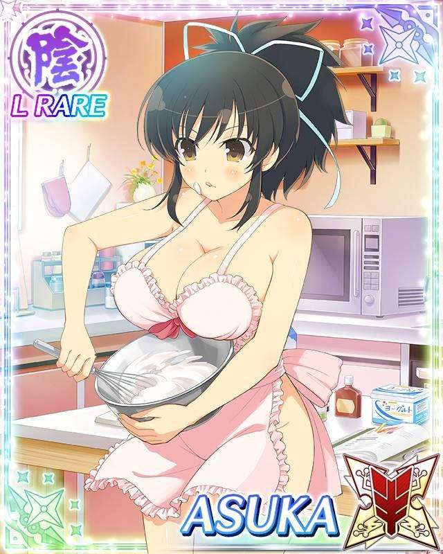 1girls apron asuka_(senran_kagura) black_hair breasts brown_eyes card cookbook fu-reiji hair_ribbon holding_bowl holding_whisk kitchen kitchen_utensils large_breasts microwave mixing_bowl mixing_the_batter naked_apron oven_mitts ponytail senran_kagura spice_rack whisk