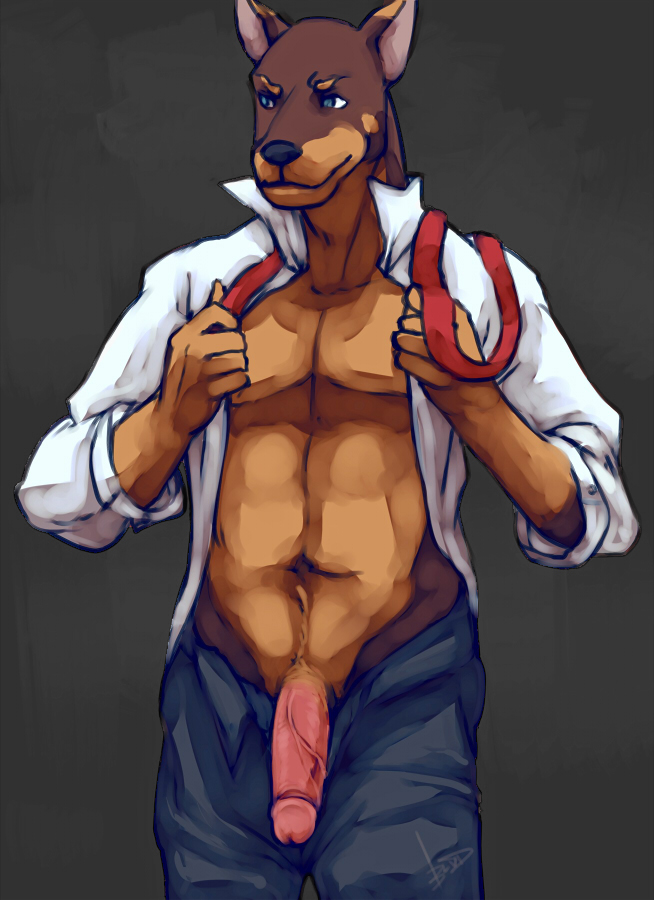 1boy anthro boulevard canine clothes doberman flaccid fur furry humanoid_penis male male_only necktie open_clothes open_pants open_shirt pants penis shirt solo undressing vein