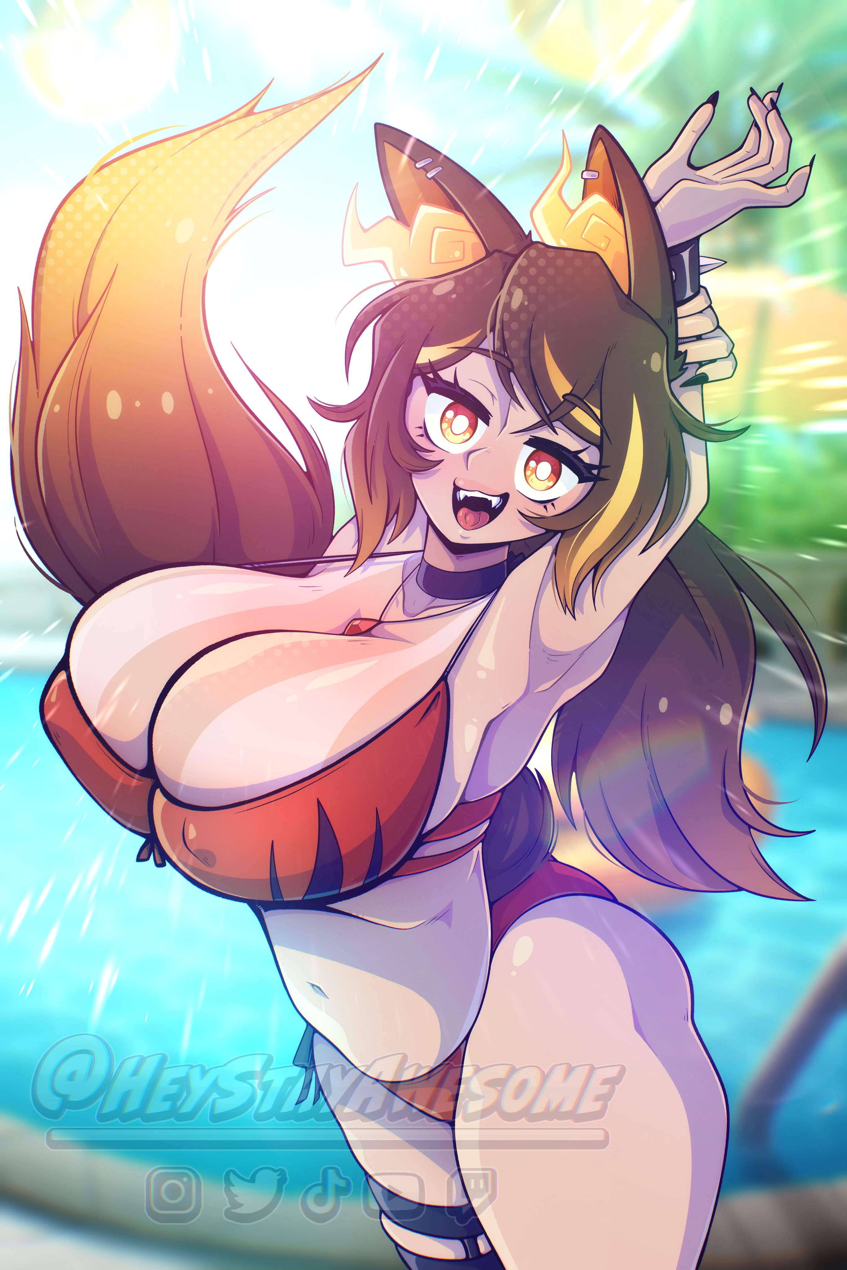 animal ears, armpits, beach, bikini, breasts, brown hair, choker, cleavage, dark hair, female, hellhound, heystayawesome, huge breasts, indie virtual youtuber, jewelry, multicolored hair, necklace, orange eyes, orange hair, outdoors, sinder (vtuber), smile, swimsuit, tail, tan skin, tanline, two-tone hair, virtual youtuber, wolf, wolf ears, wolf girl, wolf tail