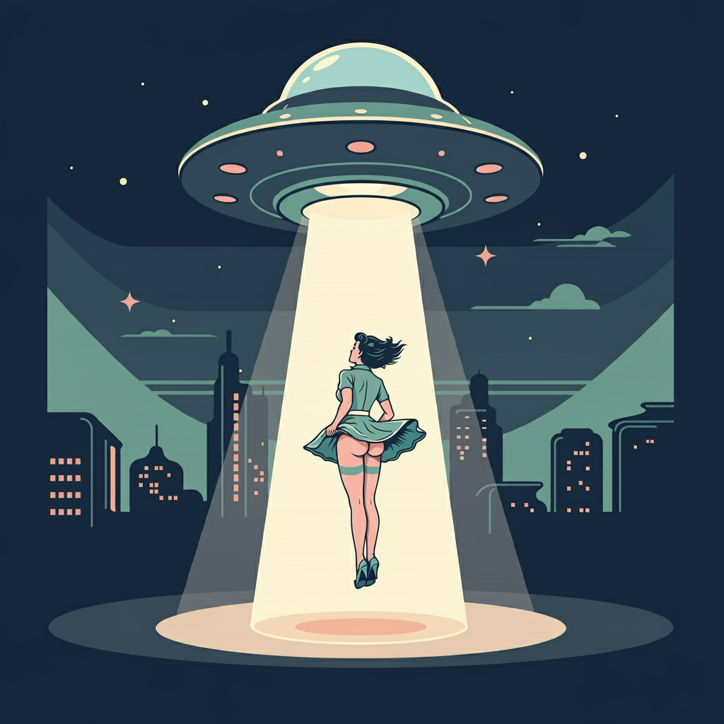 abduction ai_generated ass flashing pinup_girl retro retro_artstyle retro_future ufo upskirt