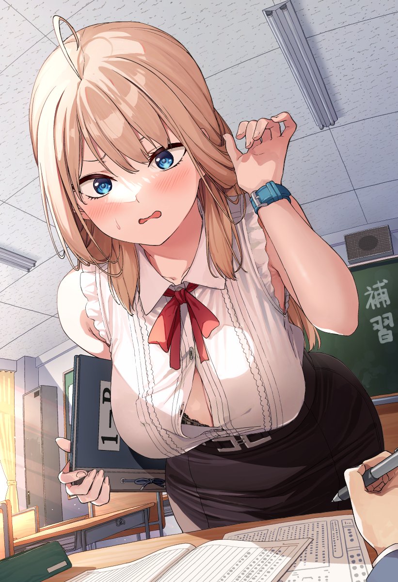 ahoge anatatachi_soredemo_sensei_desu_ka! bare_shoulders belt black_bra blonde_hair blue_eyes blush bra bra_peek breasts button_gap ceiling_light chair chalkboard classroom cleavage commentary_request curtains desk embarrassed female fingernails folder frilled_shirt frills highres holding holding_folder holding_pen indoors ishizaka_ryuudai large_breasts leaning_forward light_particles light_rays locker partially_unbuttoned pen pencil_case red_ribbon ribbon school_chair school_desk shinozaki_kimiko shirt skirt sleeveless sleeveless_shirt solo_focus sunlight sweatdrop underwear watch white_shirt window wristwatch