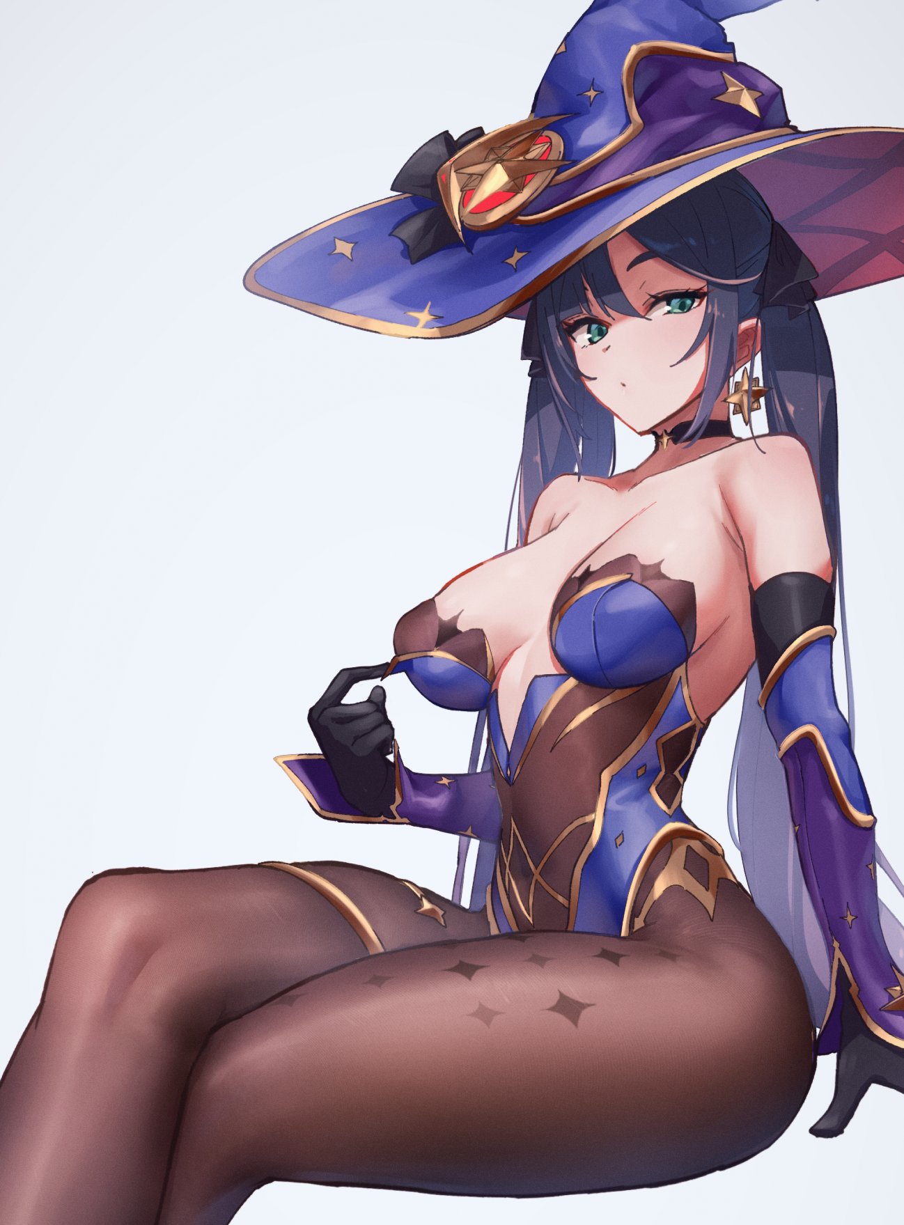 1girls, female, female only, genshin impact, hat, leotard, mona (genshin impact), nitro (mugityaoisii), pantyhose, removing clothing