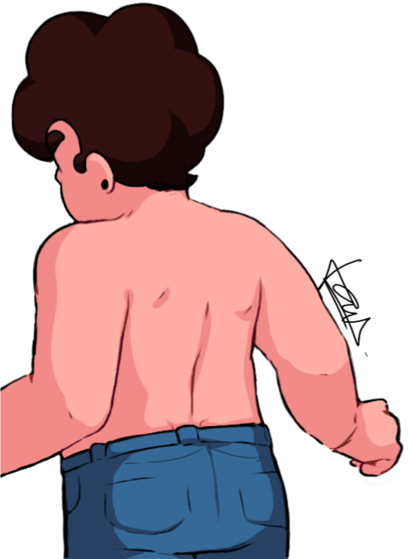 1boy 1male ass back_muscles back_turned back_view behind behind_view black_earrings brown_hair chubby chubby_male clothed_ass clothed_male color curly_hair dark_hair digital_drawing_(artwork) digital_media_(artwork) earrings human hybrid jeans jeans_only male male_only muscles muscular muscular_male not_ai_generated safe safe_for_work shaded shirtless short_hair solo solo_focus standing steven_quartz_universe steven_universe topless topless_male