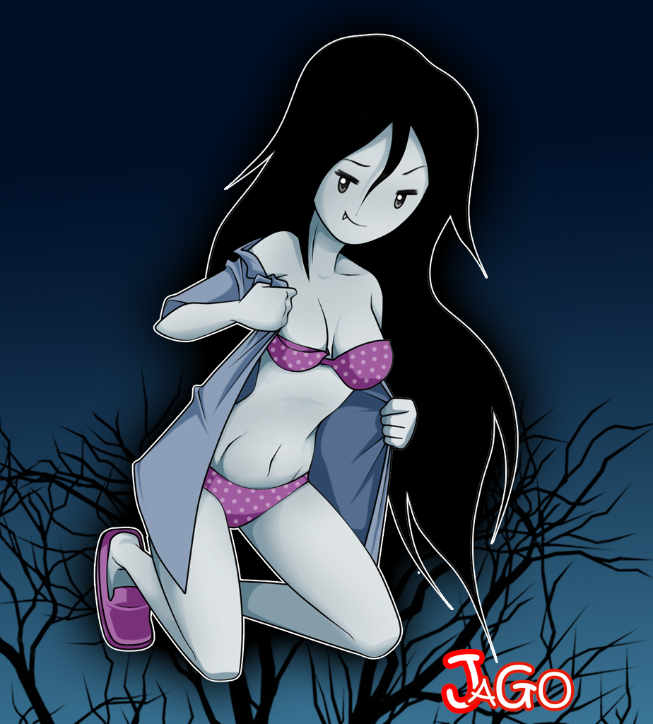 adventure time, black hair, bra, cute fang, female, grey skin, jago dibuja, long hair, marceline, navel, panties, polka dot, smile, solo, undressing, vampire