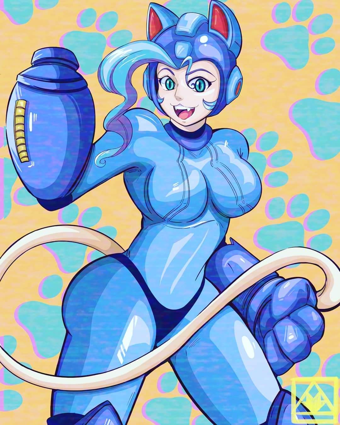 1girls arm_cannon armor blue_bodysuit blue_hair bodysuit capcom cat_ears cat_tail claws cosplay crossover crossover_cosplay darkstalkers felicia_(darkstalkers) female_only long_hair long_hair_female mega_man mega_man(classic) mega_man_(cosplay) mega_man_(series) one_eye_closed solo solo_female solo_focus tagme vampire_(game) venehana