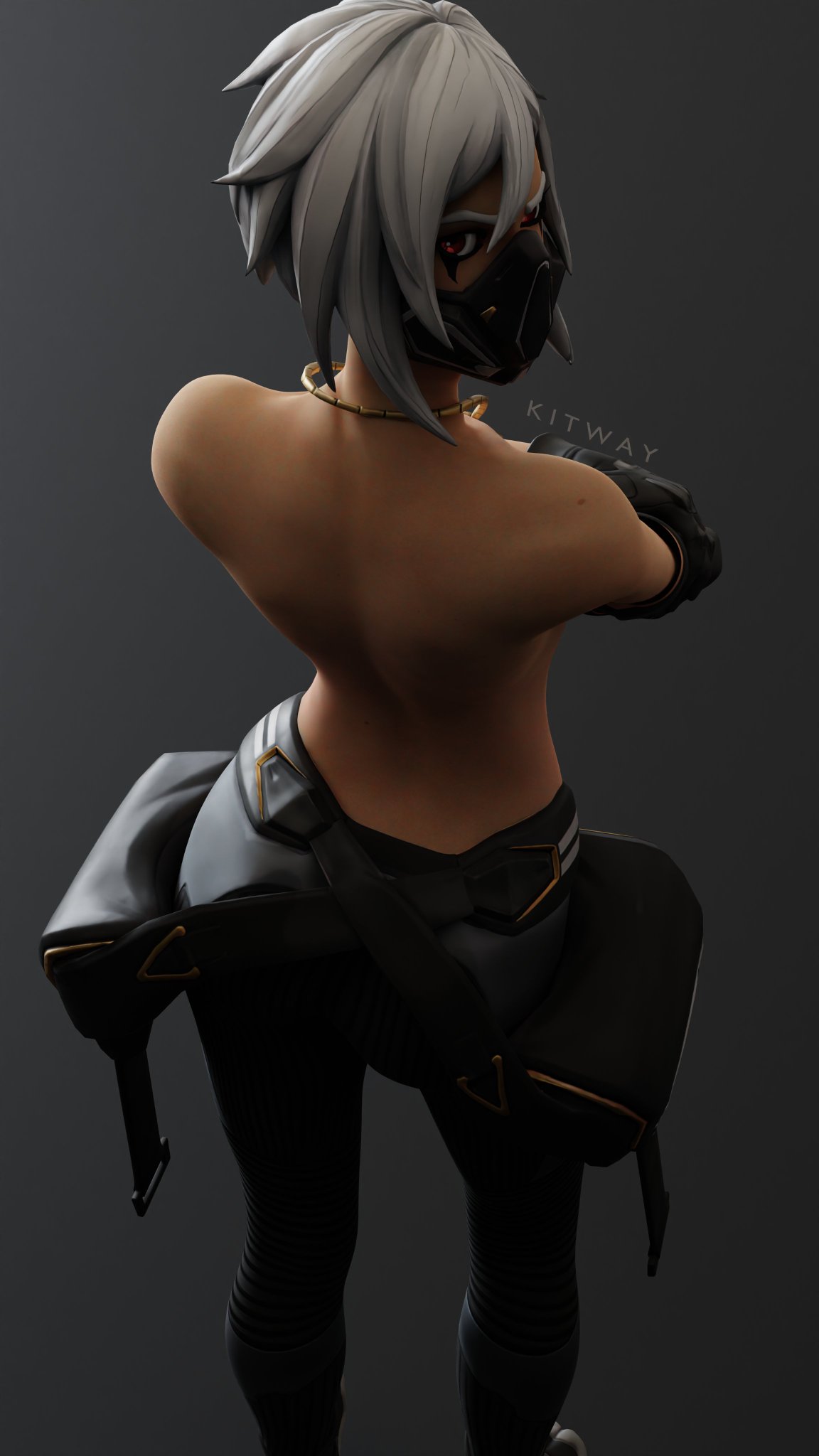 angry angry_expression arms_crossed clothed clothed_female clothing female female_only fortnite hush_(fortnite) kitway looking_back looking_back_at_viewer mask masked masked_female necklace partially_clothed partially_clothed_female solo solo_female topless topless_female