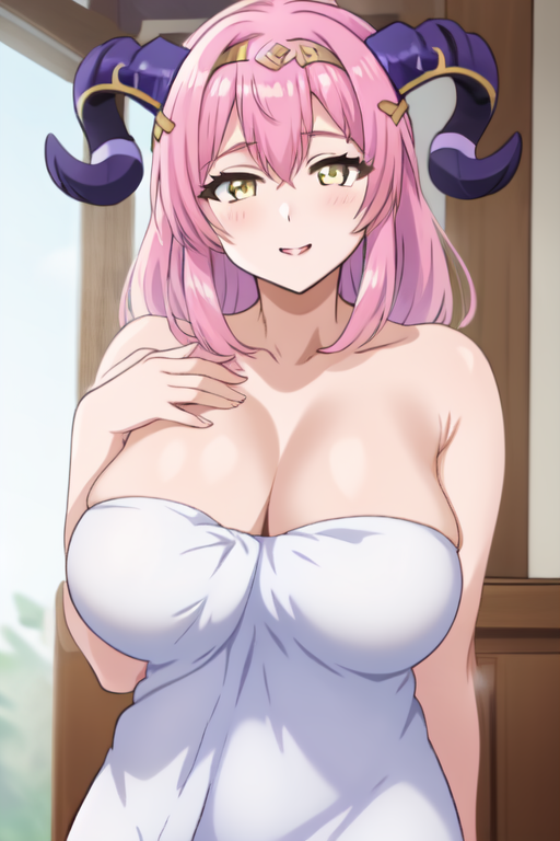 1girl 1girls ai_generated ai_hands big_breasts blurry_background breasts busty cleavage female fire_emblem fire_emblem_heroes goat_horns hand_on_chest horns huge_breasts mature_female milf mommy nerthuz_(fire_emblem) pink_hair pixai seductive seductive_eyes seductive_look seductive_smile self_upload thick towel towel_only voluptuous voluptuous_female voluptuous_milf wooden_wall yellow_eyes