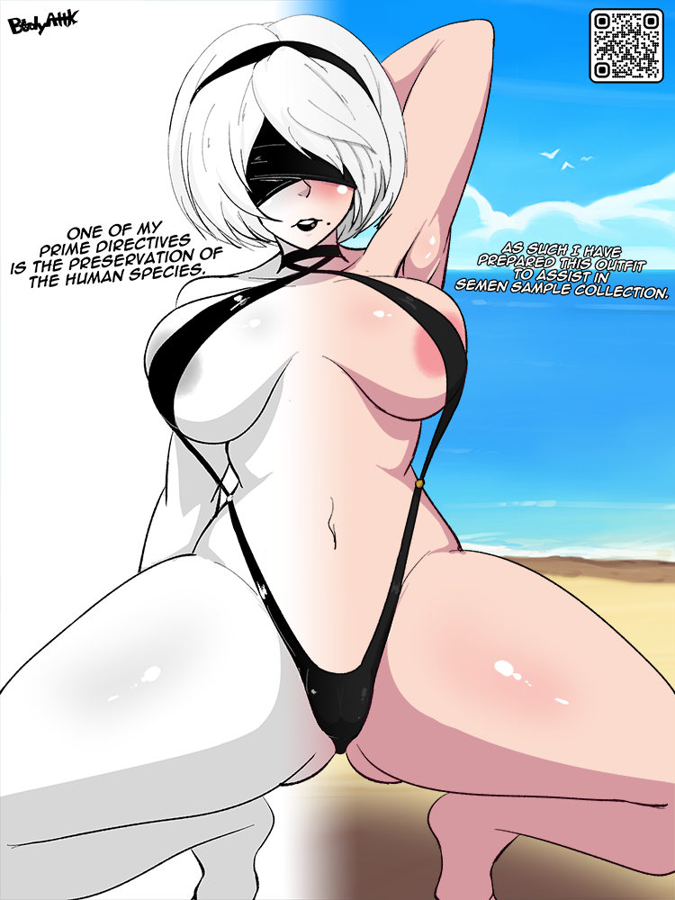 1girls areolae beach big_breasts black_lipstick blindfold bodyattk breasts crouching edit english_text female female_only hairband light-skinned_female light_skin nier nier:_automata risenhentaidemon short_hair solo spread_legs string_bikini swimsuit text thick_thighs third-party_edit white_hair yorha_2b