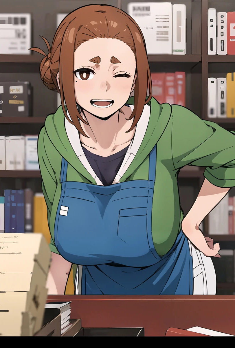 ai_generated bare_legs brown_eyes brunette_hair gigantic_breasts hair_bun huge_breasts huge_thighs imayoai jean_shorts kaii_to_otome_to_kamikakushi light-skinned_female light_skin looking_at_viewer massive_breasts mature_female milf one_eye_closed smiling solo_female sumireko_ogawa thick_female thick_thighs thighs voluptuous voluptuous_female