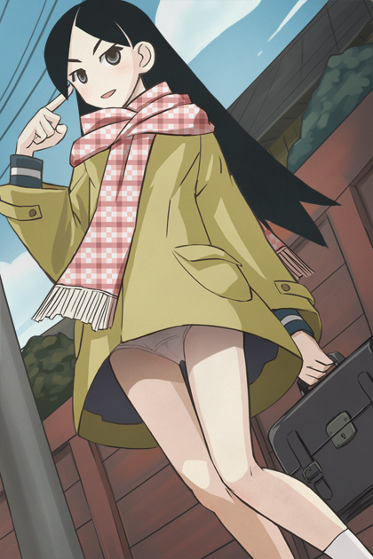 00s 1female 1girls 2000s 2009 asian_female bag black_hair blush blush cloud coat day female female_focus female_only gray_eyes grey_eyes haruyama_kazunori holding_suitcase japanese_female kitsu_chiri light-skinned_female light_skin long_hair looking_at_viewer nature outdoors overcoat panties parted_bangs sayonara_zetsubou_sensei scarf school_bag sky solo solo_female suitcase underwear upskirt white_panties