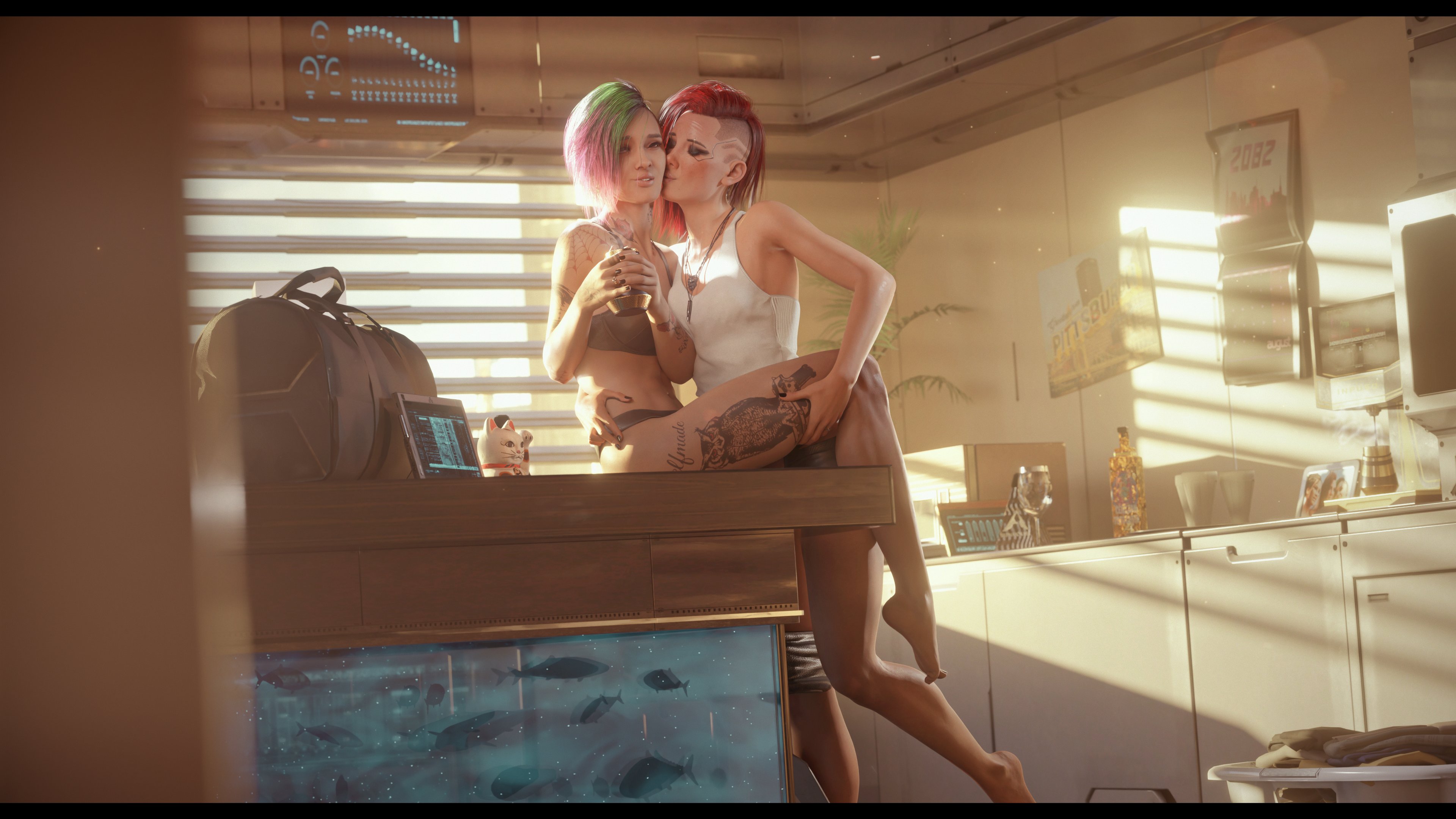 2girls, 3d, arm around waist, between legs, between thighs, black nail polish, black nails, boxers, bra, brown eyes, clothed, clothed female, colonelyobo, couple, cybernetics, cyberpunk (series), cyberpunk 2077, cyberware, detailed background, eyeliner, eyes closed, eyeshadow, female, female only, female/female, girlfriends, green hair, hand under clothes, holding cup, judy alvarez, kissing cheek, kitchen, kitchen counter, lesbian, lesbian couple, lesbian kiss, married couple, medium breasts, medium hair, multicolored hair, nail polish, necklace, necklaces, painted nails, panties, pink hair, punk, punk girl, realistic, red hair, sitting on counter, skindentation, small breasts, tan skin, tan-skinned female, tank top, tattoo, tattoos, tattoos everywhere, thick thighs, thigh grab, thigh squish, toned stomach, v (cyberpunk 2077), valerie (cyberpunk 2077), wedding ring, wife and wife, yuri