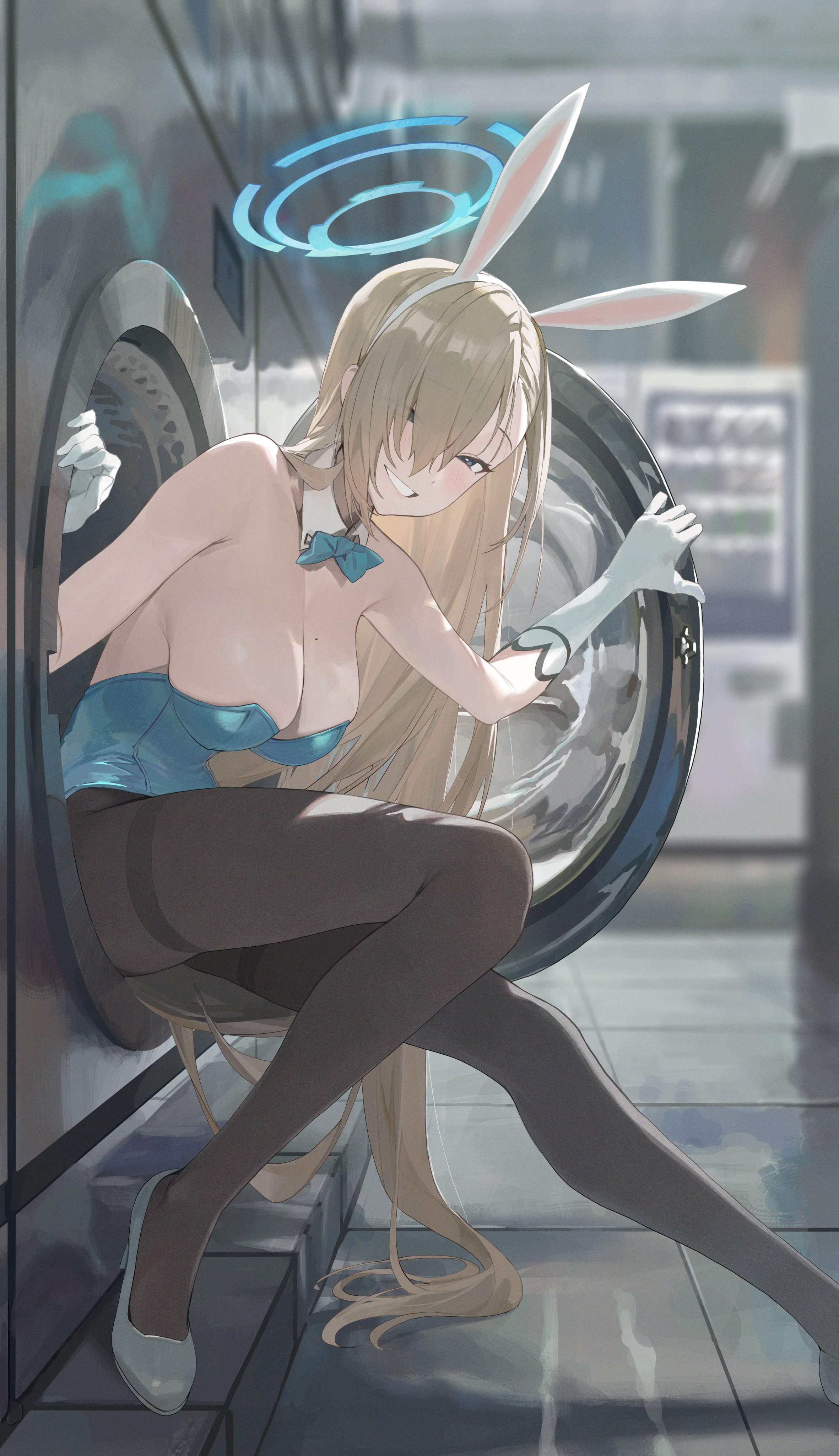 1girls, ass, asuna (blue archive), asuna (bunny) (blue archive), big ass, big breasts, blonde hair, blue archive, breasts, cleaning & clearing (blue archive), cleavage, fake animal ears, fake rabbit ears, female, female only, gloves, huge breasts, jeonghee1414, large breasts, light skin, light-skinned female, long hair, millennium science school student, pantyhose, solo, thick thighs, thighband pantyhose, white gloves, wide hips