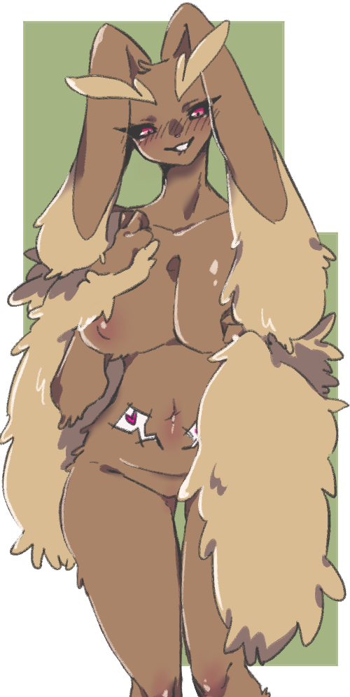 anthro areola big_breasts big_ears black_sclera blush blush_lines breasts brown_areola brown_body brown_fur brown_nipples dipstick_ears ear_markings eyebrows eyelashes female floppy_ears front_view fur generation_4_pokemon genitals green_background heart_symbol hurai_(artist) lop_ears lopunny multicolored_ears navel nintendo nipples nude pink_eyes pokemon pokemon_(species) pussy simple_background smile solo speech_bubble tan_body tan_fur thick_eyebrows thick_thighs thigh_gap white_background wide_hips