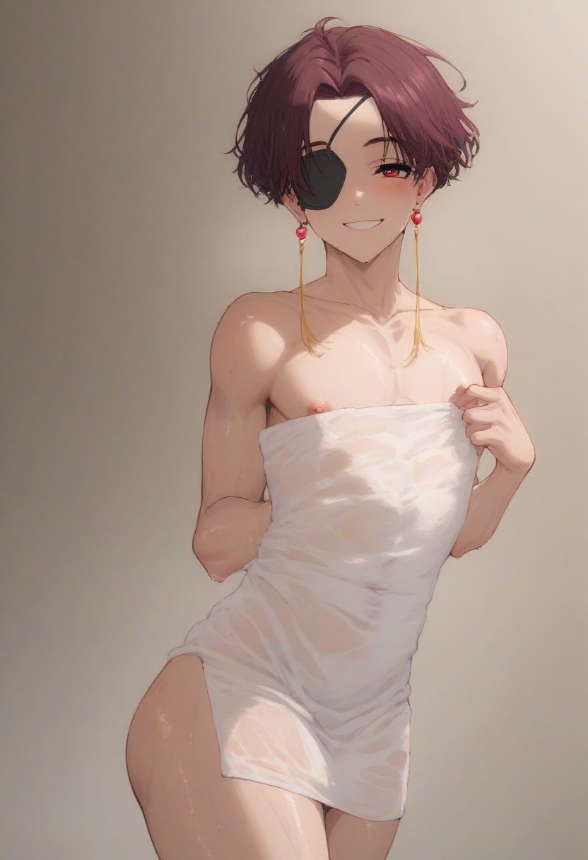 1boy 1femboy ai_generated arm_behind_back ass bedroom_eyes big_ass big_ass_(male) big_butt big_butt_(male) blush brown_hair completely_naked completely_naked_male completely_nude completely_nude_femboy completely_nude_male cowboy_shot cute cute_male earrings eyepatch femboy_focus femboy_only femboysub gay grey_background grin half-closed_eyes hayato_suo holding holding_towel legs_together looking_at_viewer male male_focus male_only messy_hair naked nipple_slip nipples nude red_earrings red_eyes short_hair simple_background smile solo solo_femboy solo_male standing suo_hayato tassel tassel_earrings teeth thick_ass thick_thighs thighs towel towel_only towel_slip trap wet wet_body wet_skin wet_towel wind_breaker yaoi