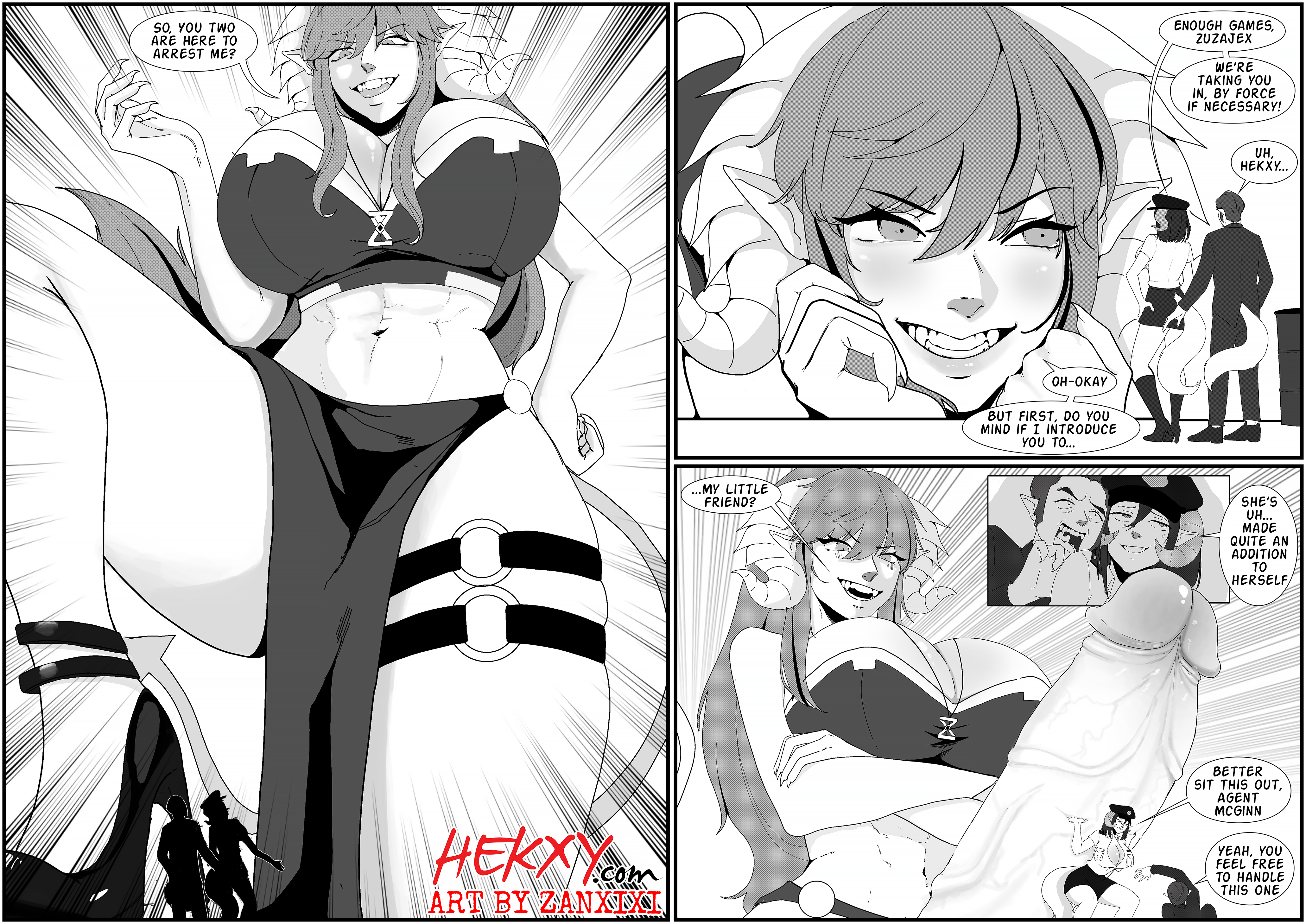 1boy, 1futa, 1girls, big breasts, big penis, black and white, breasts, clothing, demon, dialogue, english text, erect penis, erection, female, futa focus, futa giantess, futa with female, futa with male, futadom, futanari, giantess, group, high heels, horns, huge breasts, huge cock, intersex, light skin, light-skinned futa, light-skinned male, looking down, macro, male, malesub, micro, muscular, muscular futa, penis, size difference, solo focus, tail, text, zanxixi