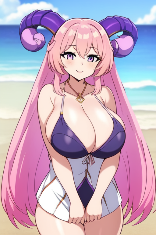 1girl 1girls ai_generated beach breasts busty cleavage cowboy_shot cute cute_face cute_female fire_emblem fire_emblem_heroes goat_horns horns huge_breasts long_hair mature_female milf necklace nerthuz_(fire_emblem) pink_hair pixai purple_eyes sea seductive seductive_smile self_upload small_dress smile thick_thighs