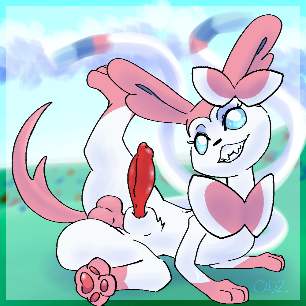 animal_genitalia balls border bow bowtie c2d2 canid canine cloud color digital_media_(artwork) flower genitals grass legs_up looking_at_viewer outdoors outside pawpads paws penis pokemon pokemon_(species) ribbon shaded sharp_teeth smile sparkles spread_legs sylveon