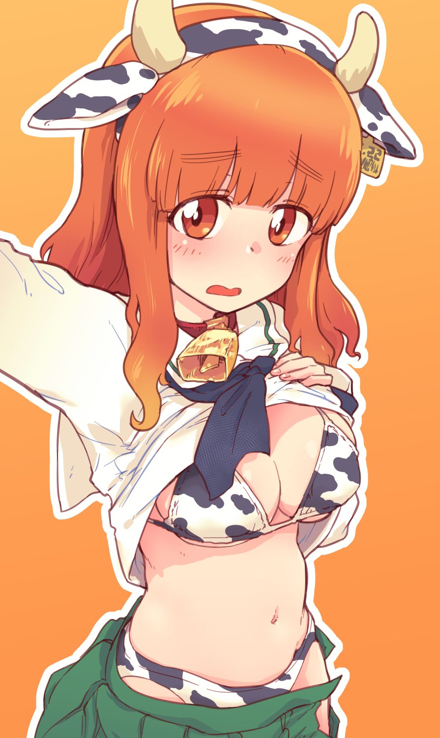 2021 animal_ears animal_print bell bikini black_neckerchief blush breasts cleavage clothes_lift cow_ears cow_horns cow_print cow_print_bikini cowbell fake_animal_ears fake_horns female girls_und_panzer highres horns large_breasts lifting_own_clothes long_hair looking_at_viewer monolith_(suibou_souko) navel neck_bell neckerchief ooarai_school_uniform open_mouth orange_background orange_eyes orange_hair print_bikini school_uniform shirt_lift simple_background solo swimsuit takebe_saori