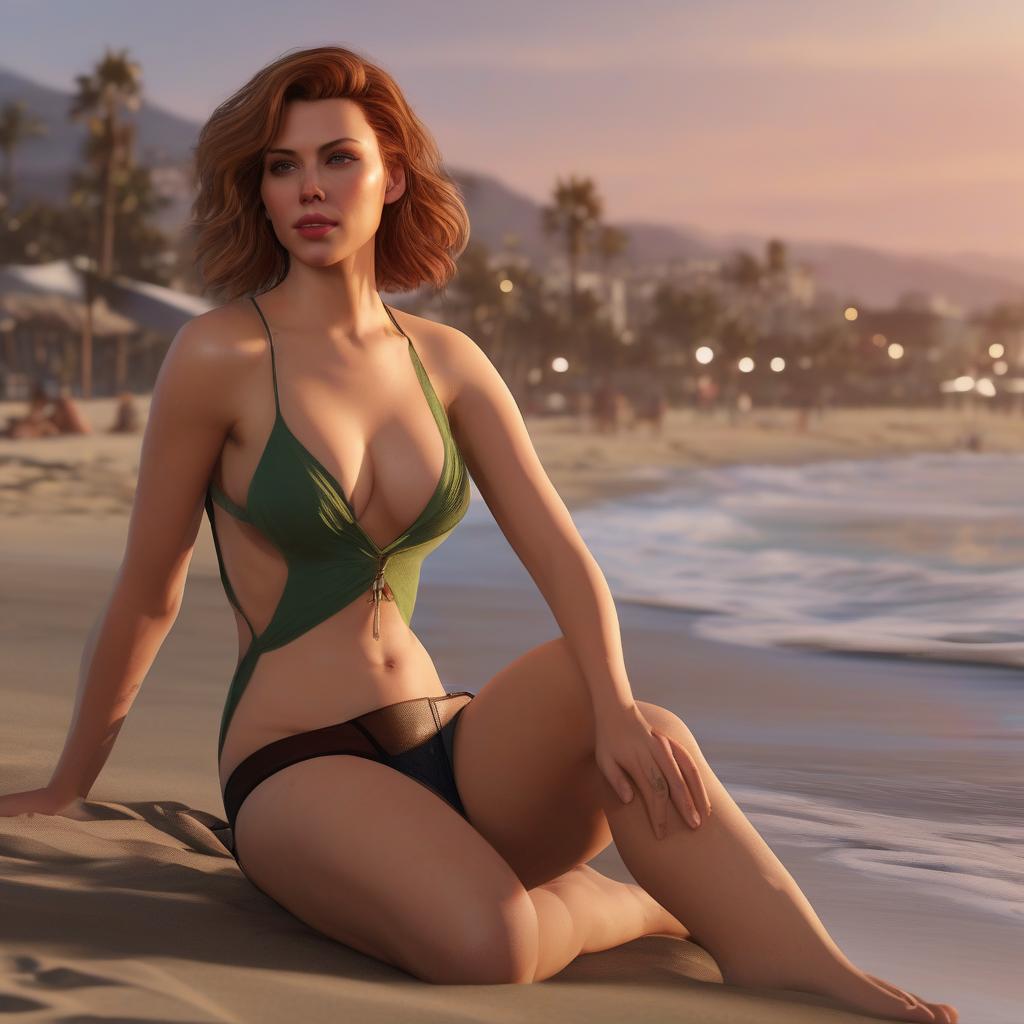 1girls ai_generated beach girl red_hair scarlett_johansson sitting swimsuit