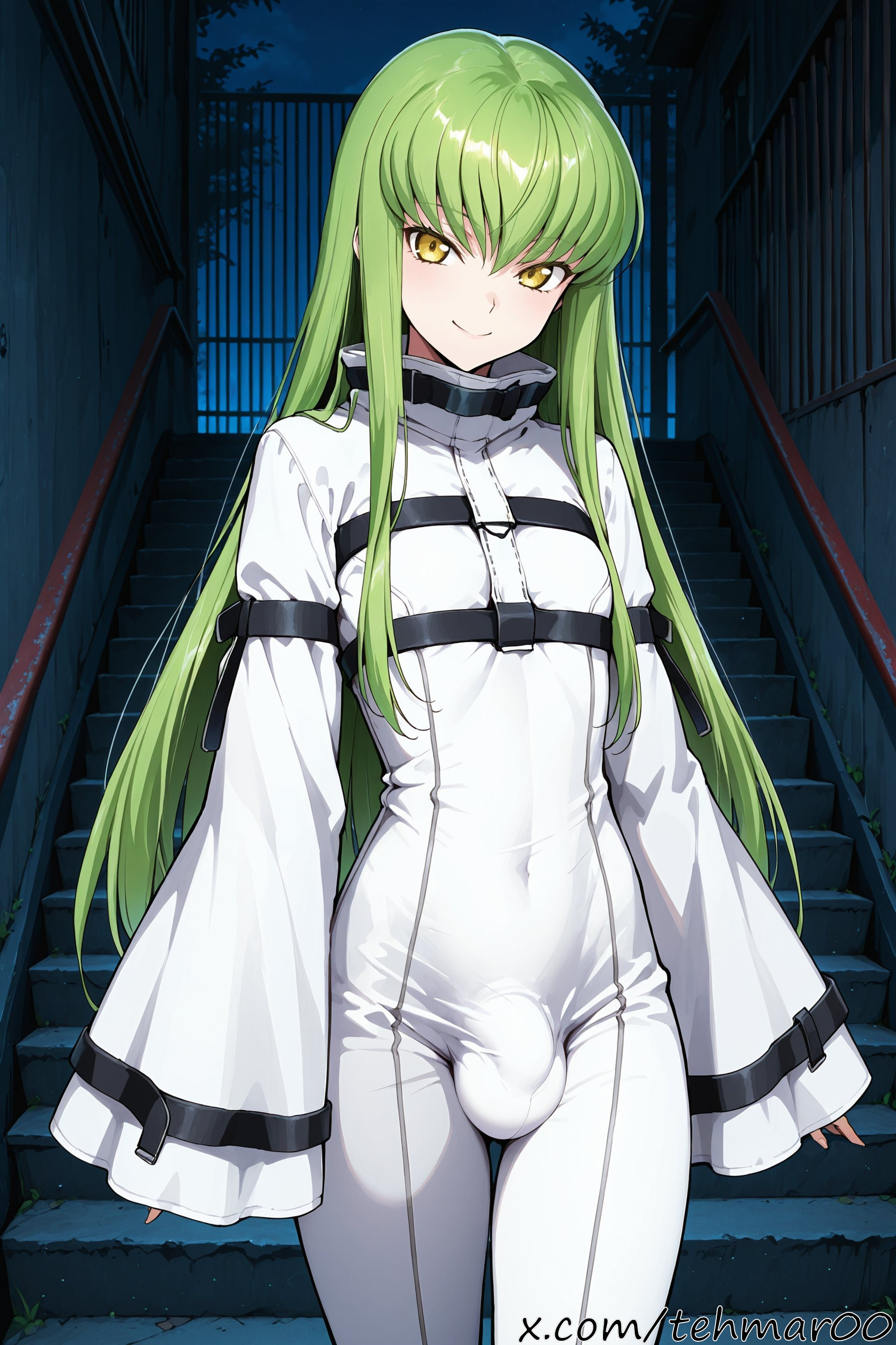 1boy, ai generated, bangs, bodysuit, bulge, c.c., closed mouth, code geass, covered navel, cowboy shot, eyebrows visible through hair, femboy, genderswap (ftm), green hair, light-skinned male, long hair, long sleeves, looking at viewer, male, male only, night, outdoors, penis, rule 63, sidelocks, sleeves past wrists, smile, solo, stairs, standing, straitjacket, striped, tagme, tehmar, trans woman, transfem, trap, white bodysuit, wide sleeves, yellow eyes
