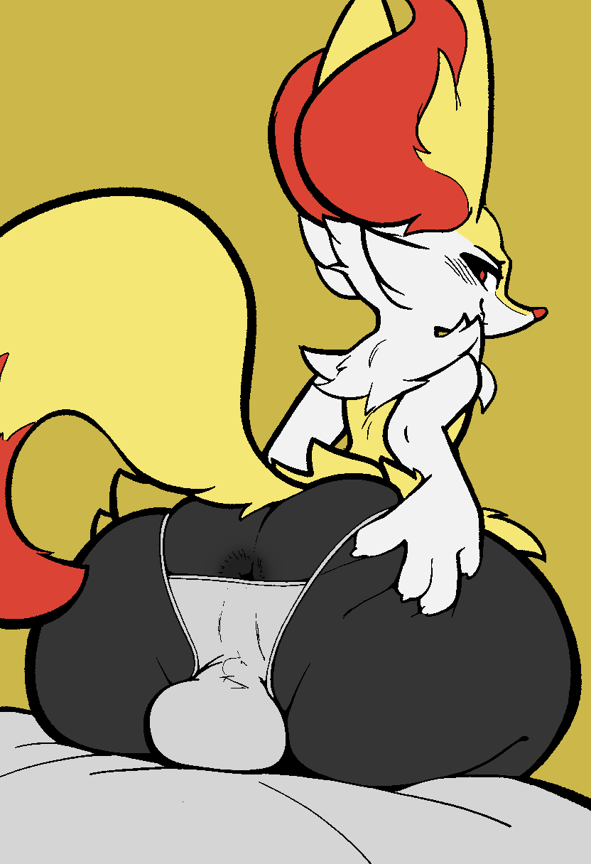 anthro anus ass balls barely_visible_anus bed big_ass big_butt braixen bulge bulge_from_behind clothing femboy furniture generation_6_pokemon genitals hand_on_butt hi_res looking_at_viewer looking_back male nintendo on_bed panties pirpole_haze pokemon pokemon_(species) presenting_ass seductive simple_background sitting sitting_on_bed solo spread_butt spreading tail underwear