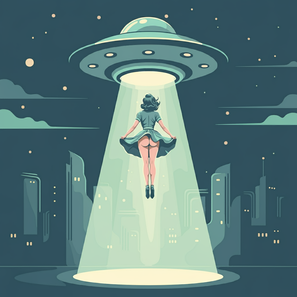 abduction ai_generated ass flashing pinup_girl retro retro_artstyle retro_future ufo upskirt