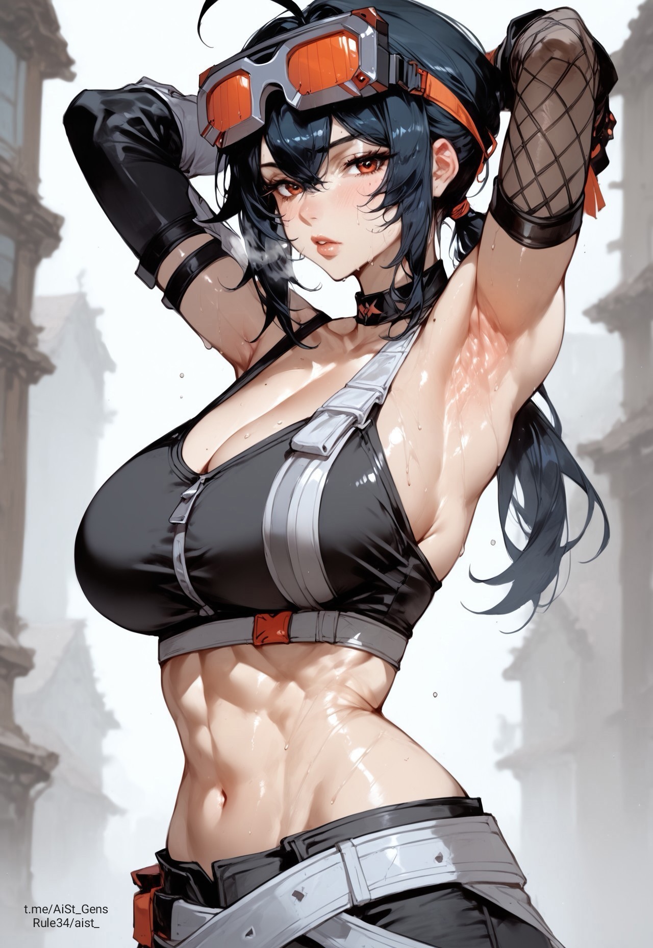 ai generated, aist , big breasts, breasts, choker, female, glasses, grace howard, hand behind head, heavy breathing, looking at viewer, muscular, muscular female, orange eyes, shiny skin, sweat, wet, zenless zone zero